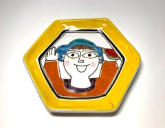 DeSimone Hand Painted Hexagonal Happy Face Italian Yellow Ceramic Plate 1960s