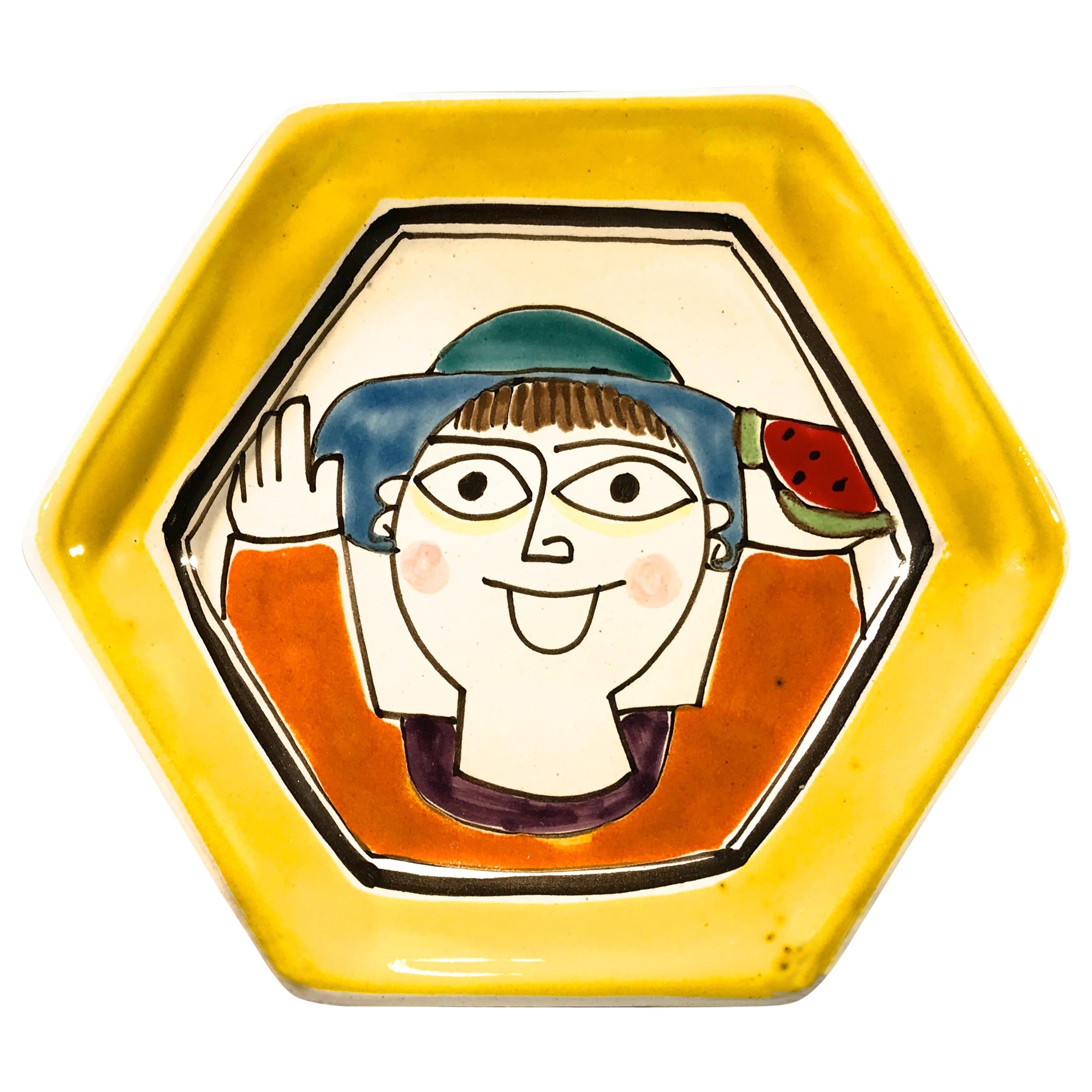 DeSimone Hand Painted Hexagonal Happy Face Italian Yellow Ceramic Plate 1960s