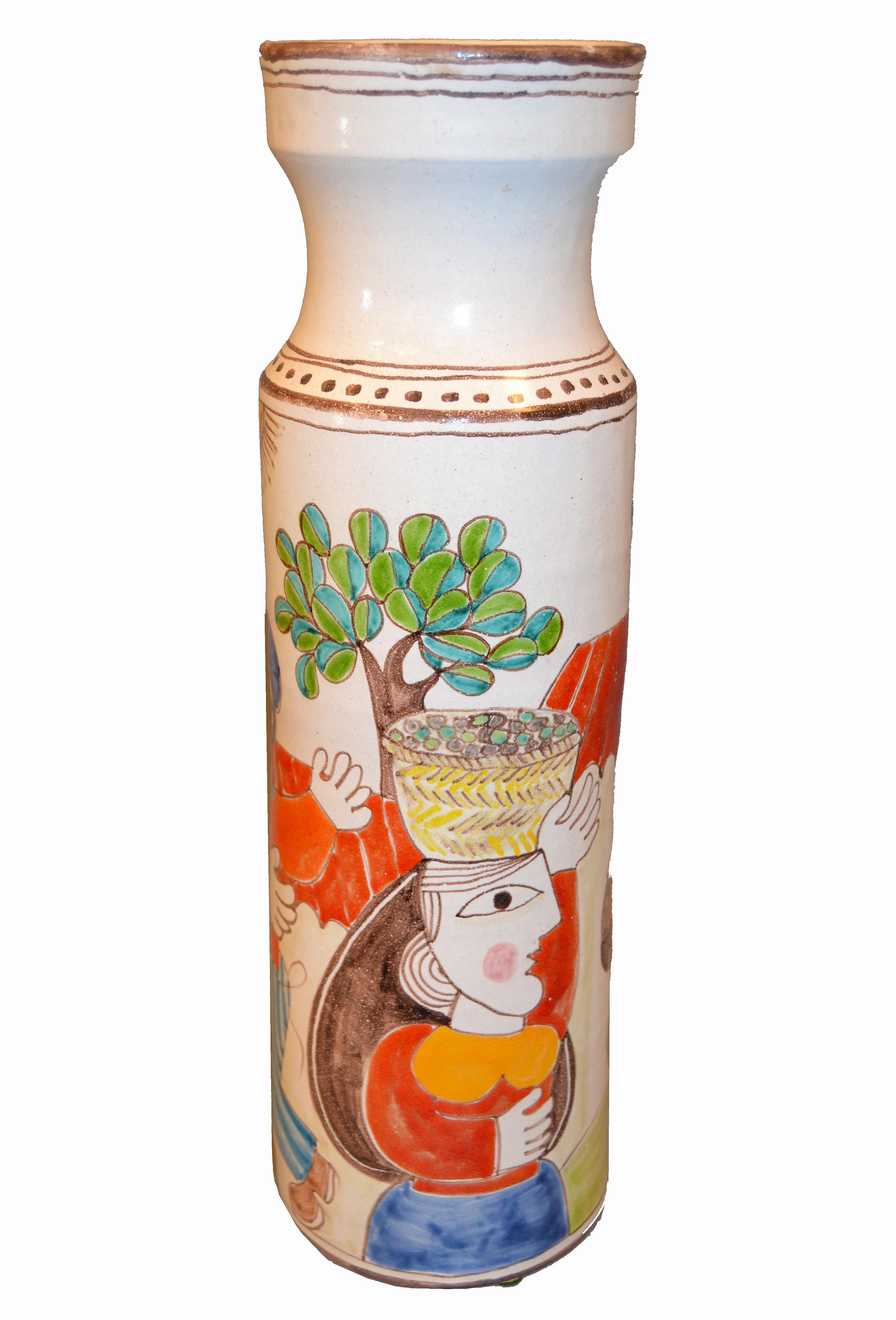 Desimone Hand Painted Tall Art Pottery Flower Vase Vessel Olive Picking Italy For Sale 8