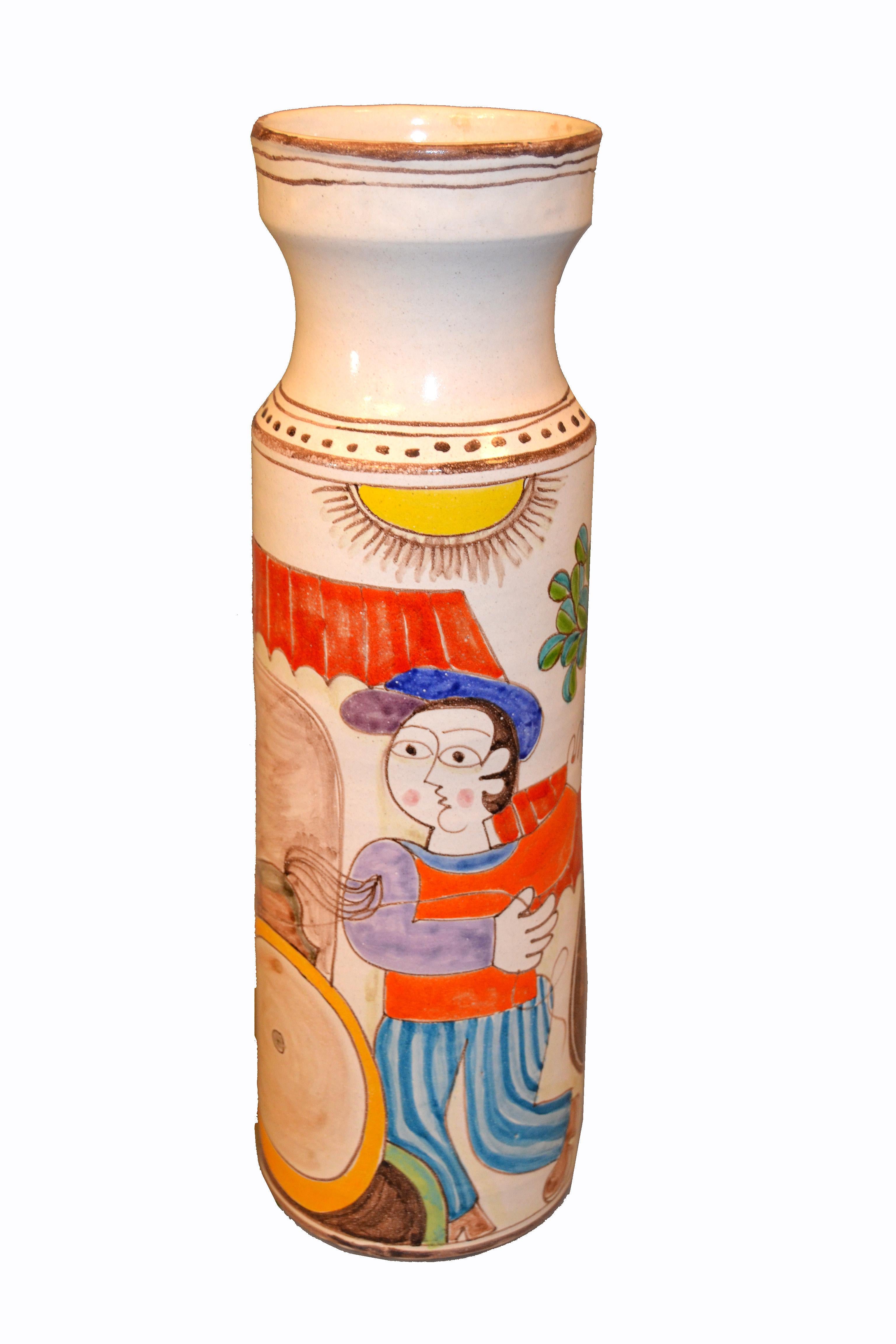 Mid-Century Modern Desimone Hand Painted Tall Art Pottery Flower Vase Vessel Olive Picking Italy For Sale