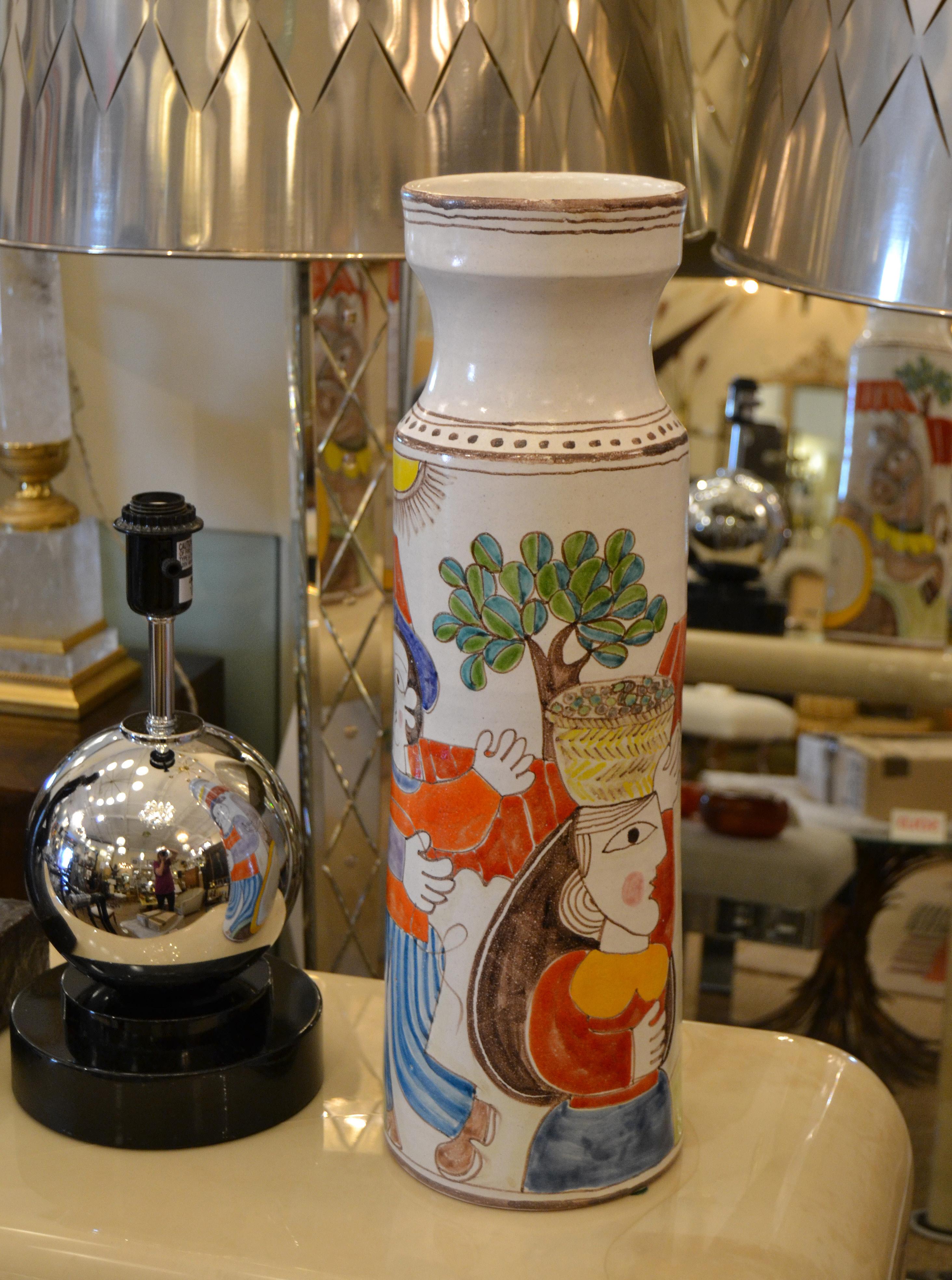 Vernissé DeSimone Vase à fleurs en poterie d'art peint à la main Vessel Olive Picking Italy en vente