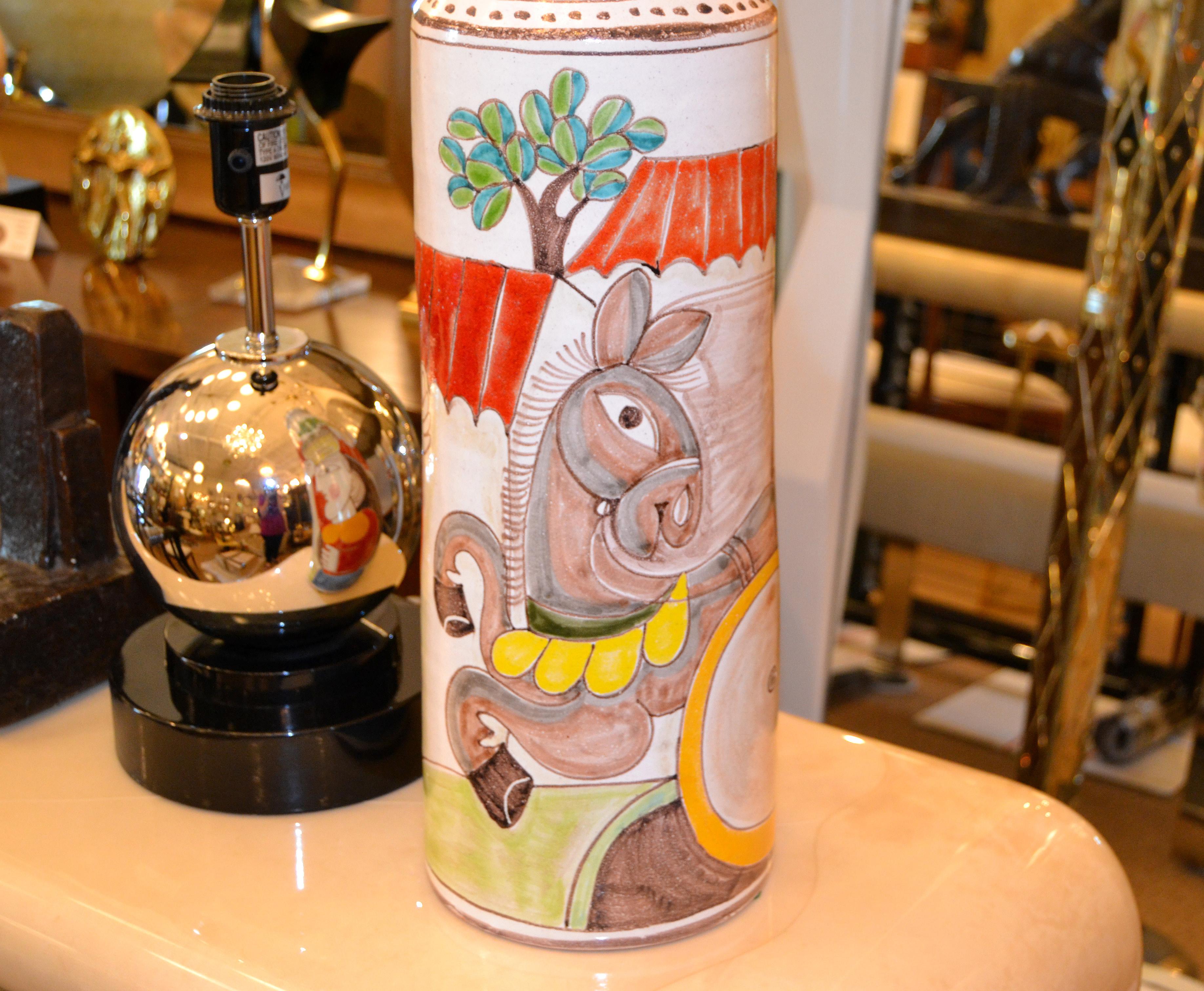 Desimone Hand Painted Tall Art Pottery Flower Vase Vessel Olive Picking Italy In Good Condition For Sale In Miami, FL