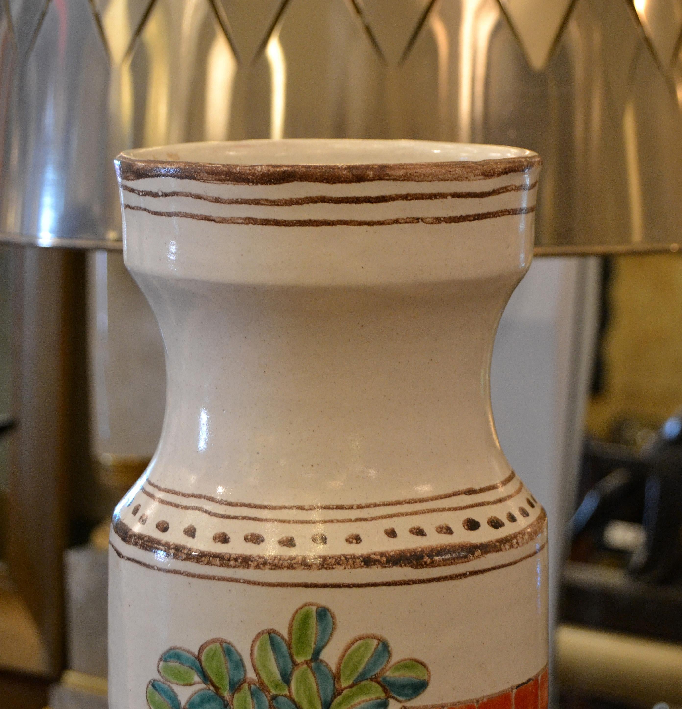 Mid-20th Century Desimone Hand Painted Tall Art Pottery Flower Vase Vessel Olive Picking Italy For Sale