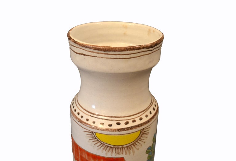 Desimone Hand Painted Tall Art Pottery Flower Vase, Vessel, Olive Picking, Italy For Sale 1