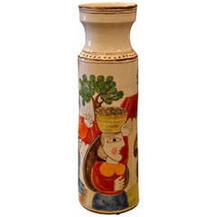Vintage Desimone Hand Painted Tall Art Pottery Flower Vase, Vessel, Olive Picking, Italy