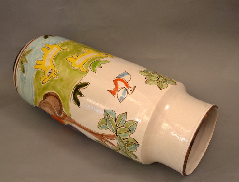Glazed Desimone Hand Painted Tall Art Pottery Flute Player Flower Vase, Vessel, Italy For Sale