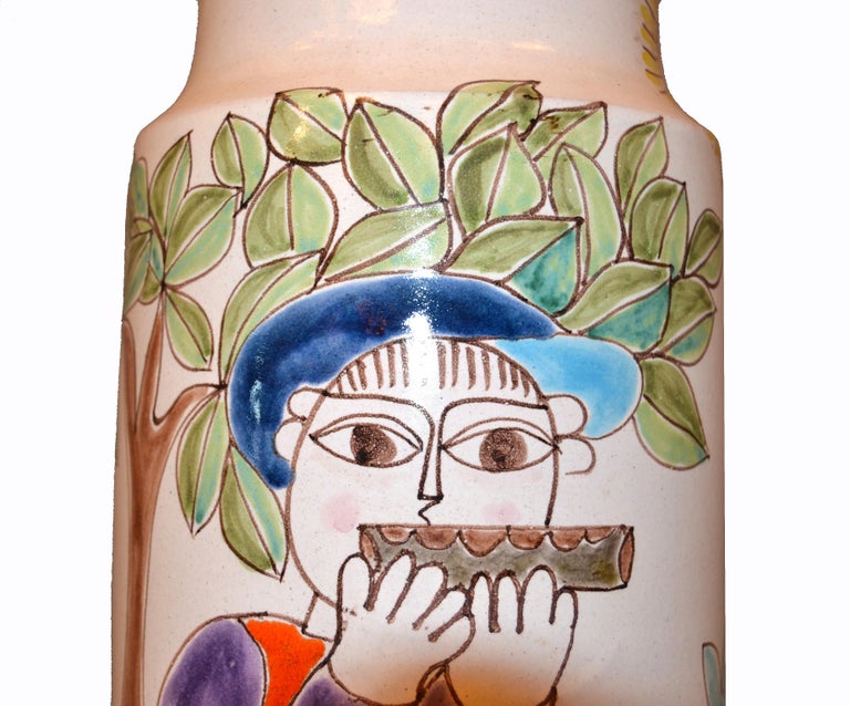 Desimone Hand Painted Tall Art Pottery Flute Player Flower Vase, Vessel, Italy In Good Condition For Sale In Miami, FL