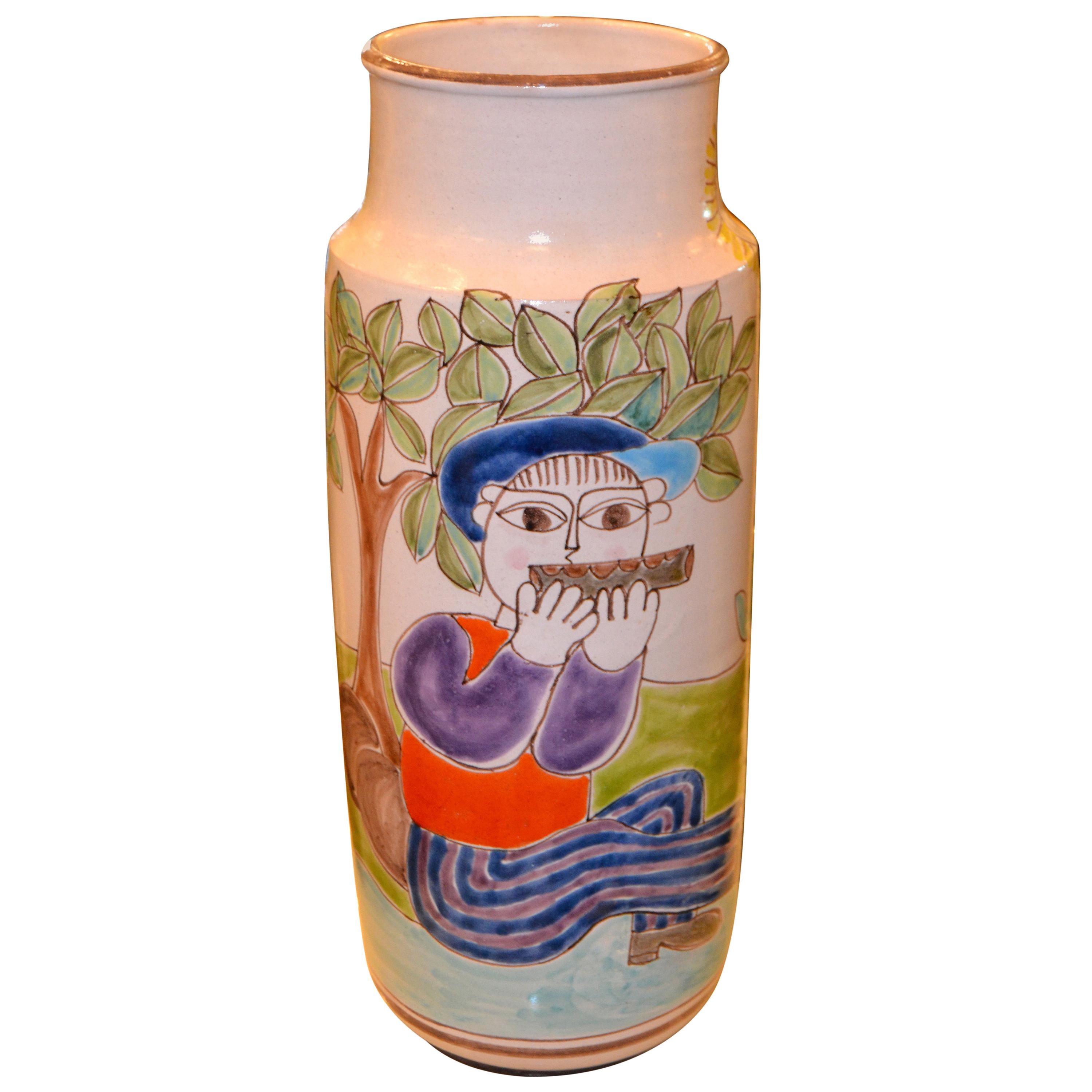 DeSimone dipinto a mano in ceramica d'arte alta Vaso per fiori con flauto Italia