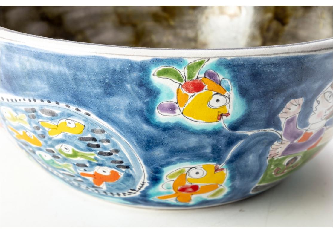 Hand-Painted Desimone Italian Paint Decorated Ceramic Bowl With Fish