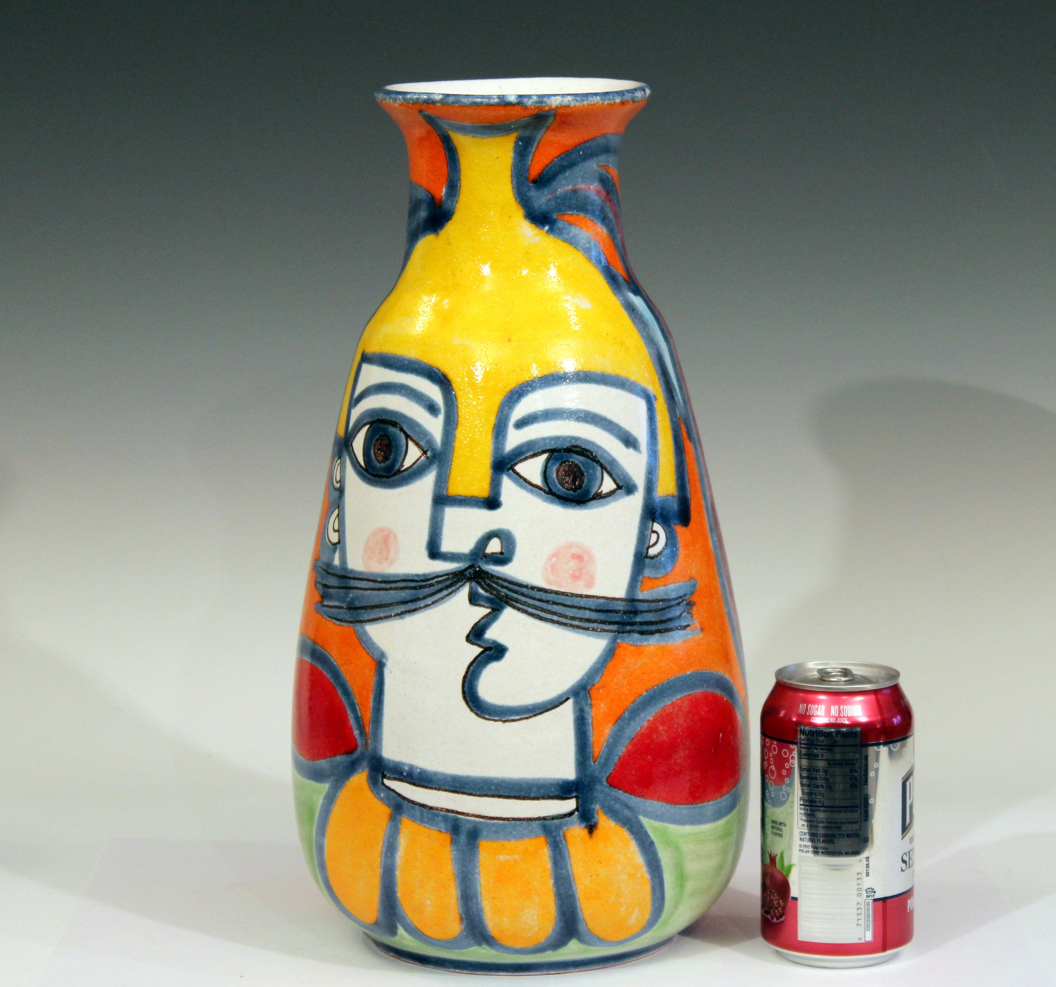 Large vintage handmade DeSimone pottery vase with cubist portrait, circa 1960s. Nicely done, good design with striking color play. Measures: 15