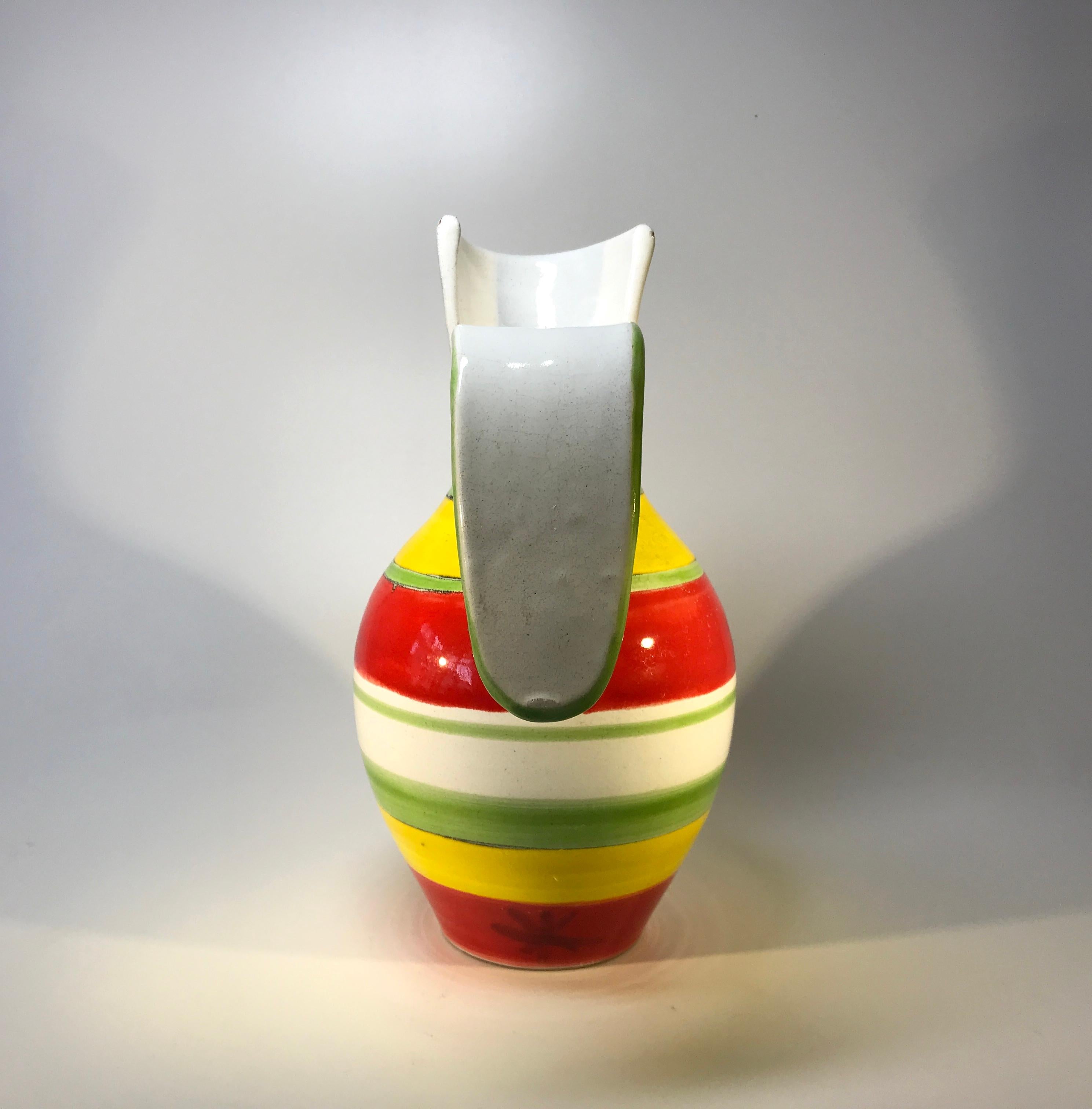 Hand-Painted DeSimone of Italy Bright Hand Painted Striped Ceramic Mid-Century Pitcher c1960