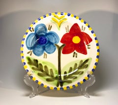 DeSimone of Italy, Hand Painted Bright Red and Blue Flowers Ceramic Plate, 1960s