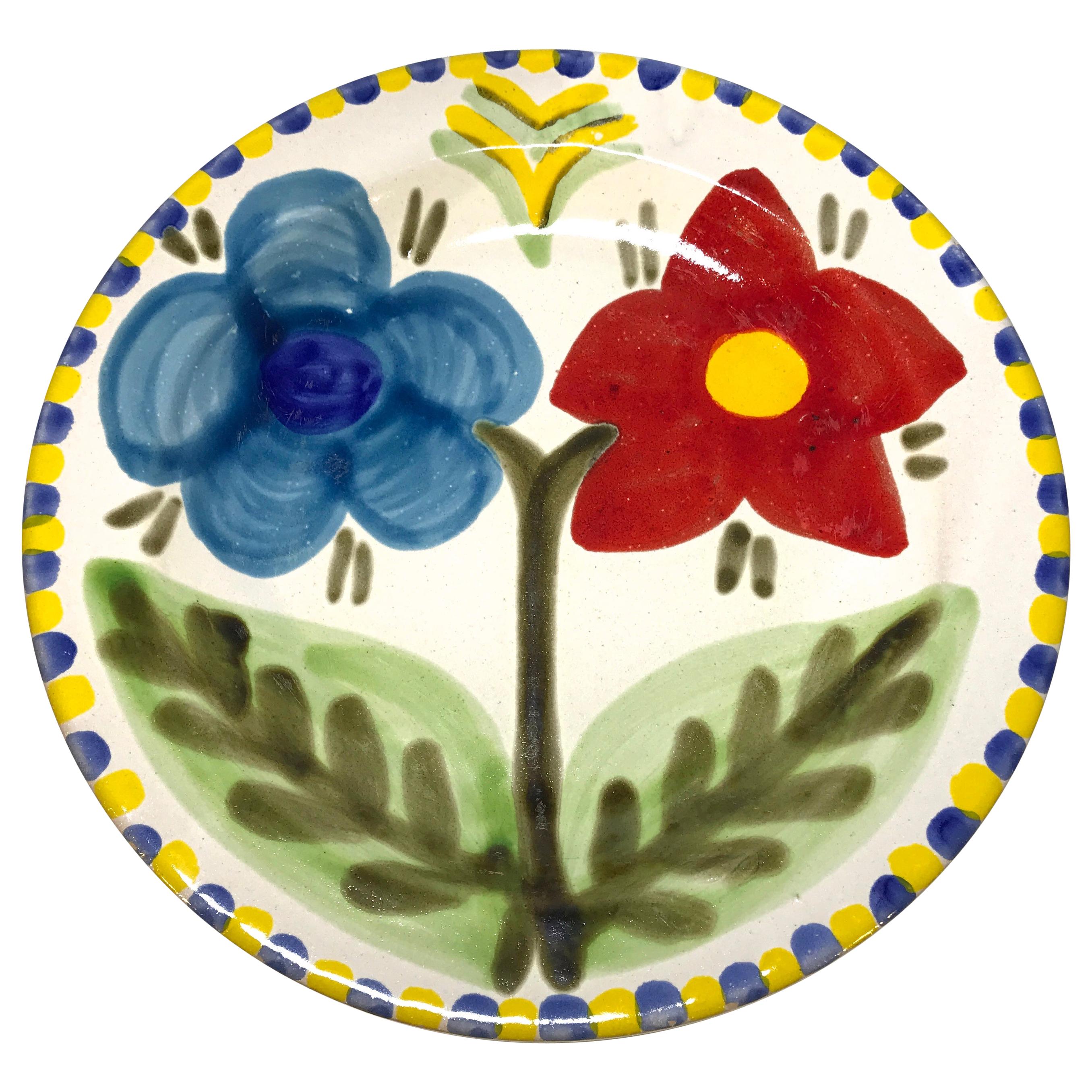 DeSimone of Italy, Hand Painted Bright Red and Blue Flowers Ceramic Plate, 1960s