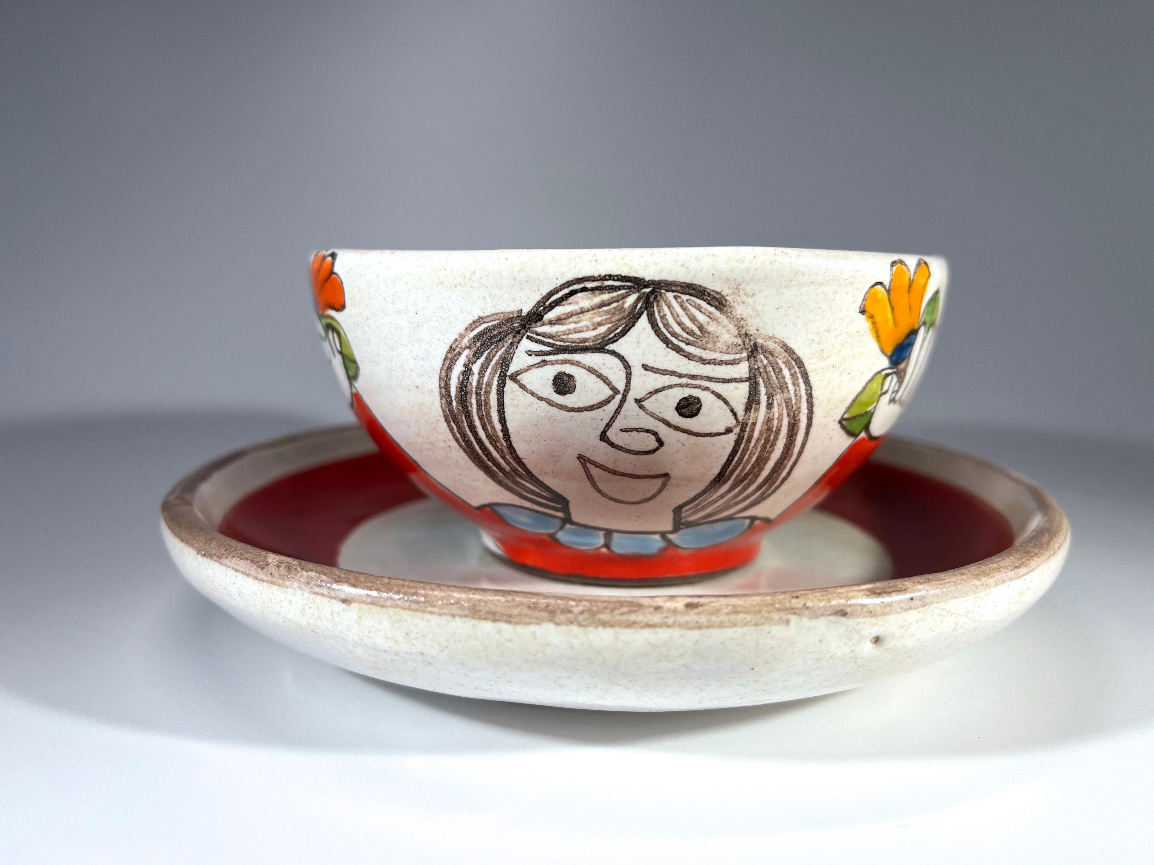 DeSimone of Italy, ceramic cup and saucer, hand decorated with girl holding flowers
A fun piece of Italian dash
Circa 1960's
Signed DeSimone, Italy
Cup: Height 2 inch, Diameter 4.25 inch
Saucer: Height 1 inch, Diameter 6 inch
In good condition
Wear