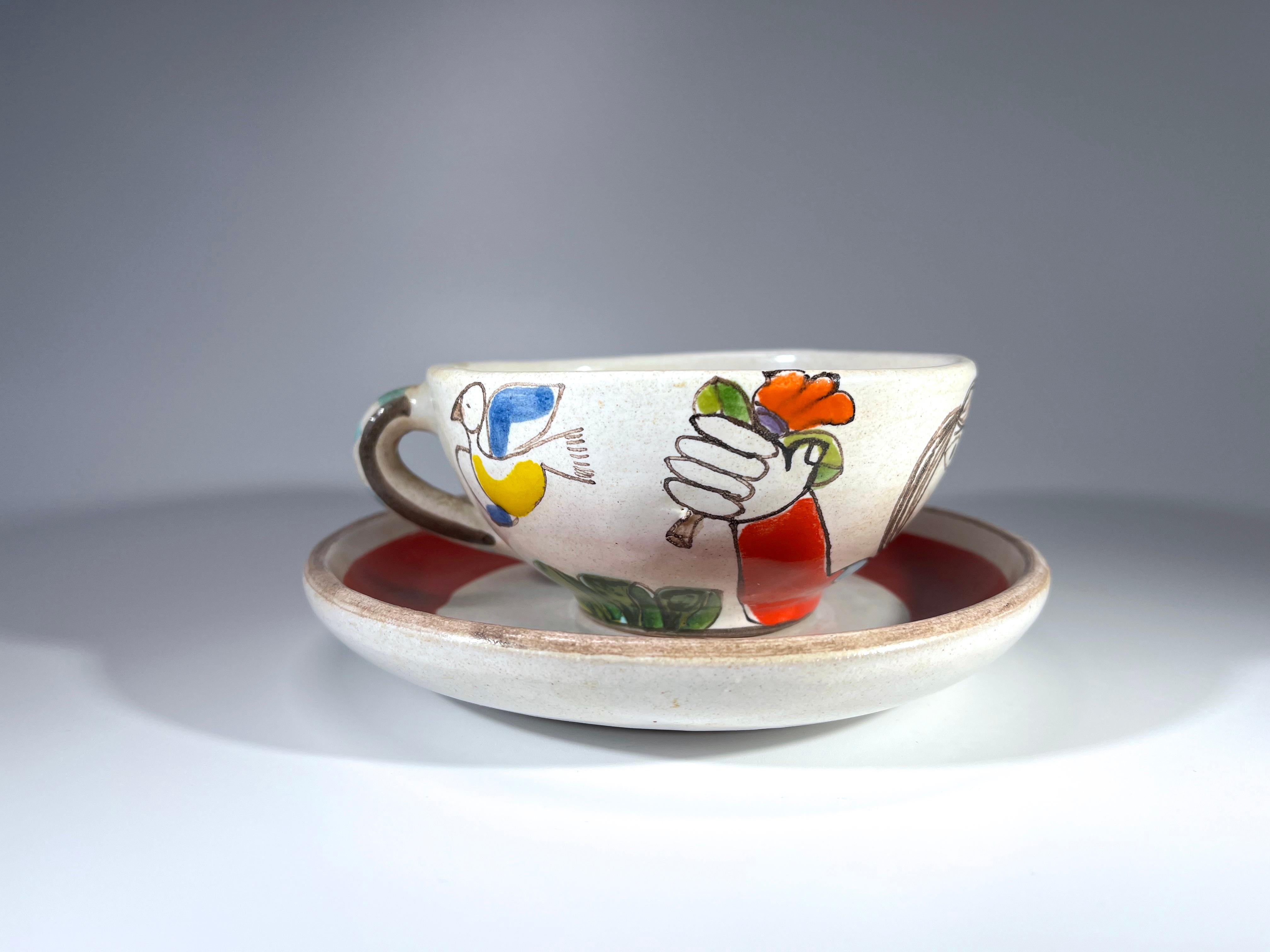 Mid-Century Modern DeSimone of Italy, Hand Painted Ceramic Mid-Century Cup And Saucer c1960 For Sale