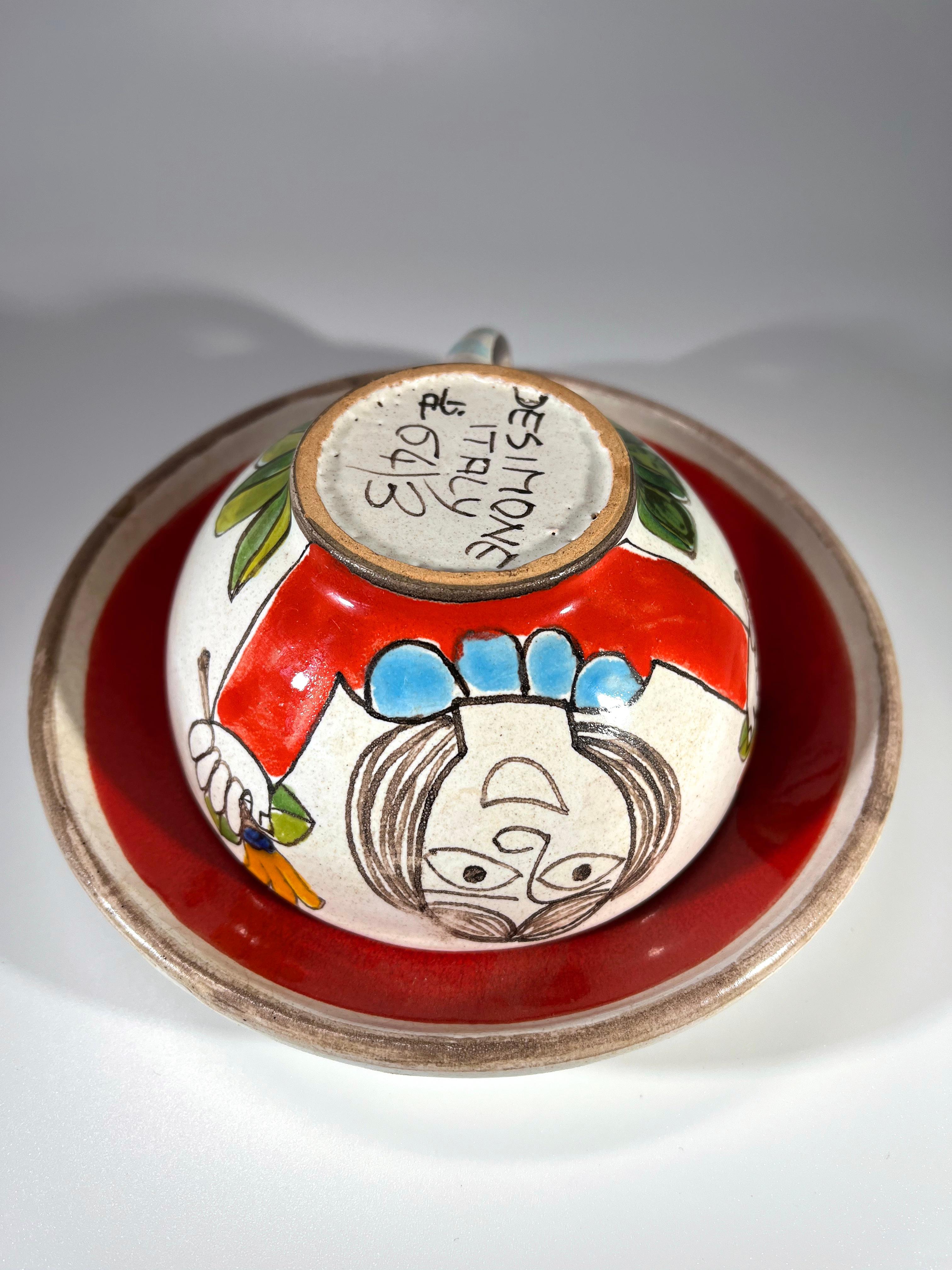 DeSimone aus Italien, handbemalte Keramik-Tasse und Untertasse aus der Mitte des Jahrhunderts, um 1960 im Zustand „Gut“ im Angebot in Rothley, Leicestershire