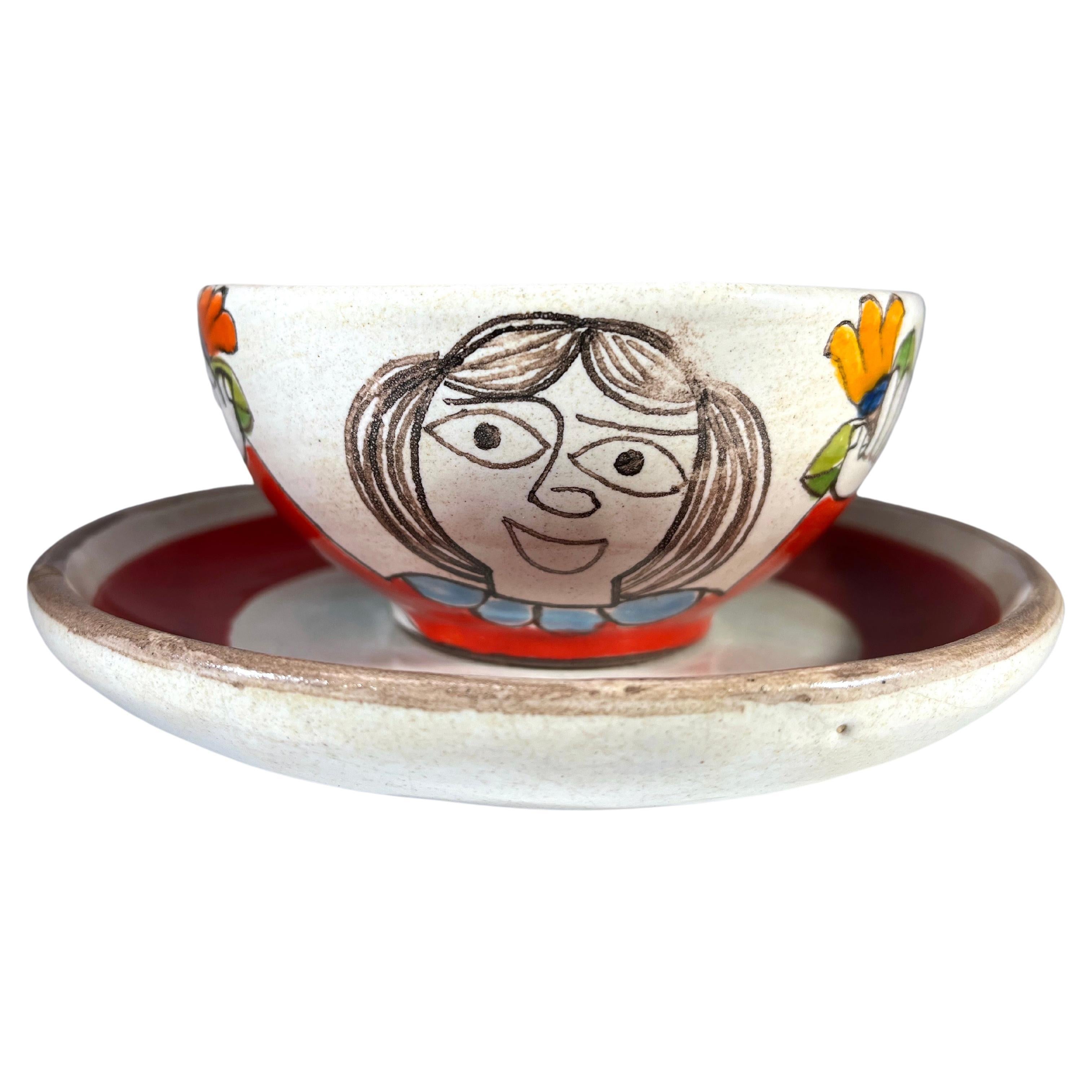 DeSimone aus Italien, handbemalte Keramik-Tasse und Untertasse aus der Mitte des Jahrhunderts, um 1960 im Angebot