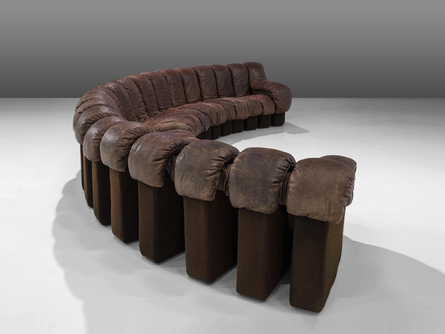 Mid-Century Modern Desirable Patinated De Sede 'Snake' Non Stop Sofa in Dark Brown Leather