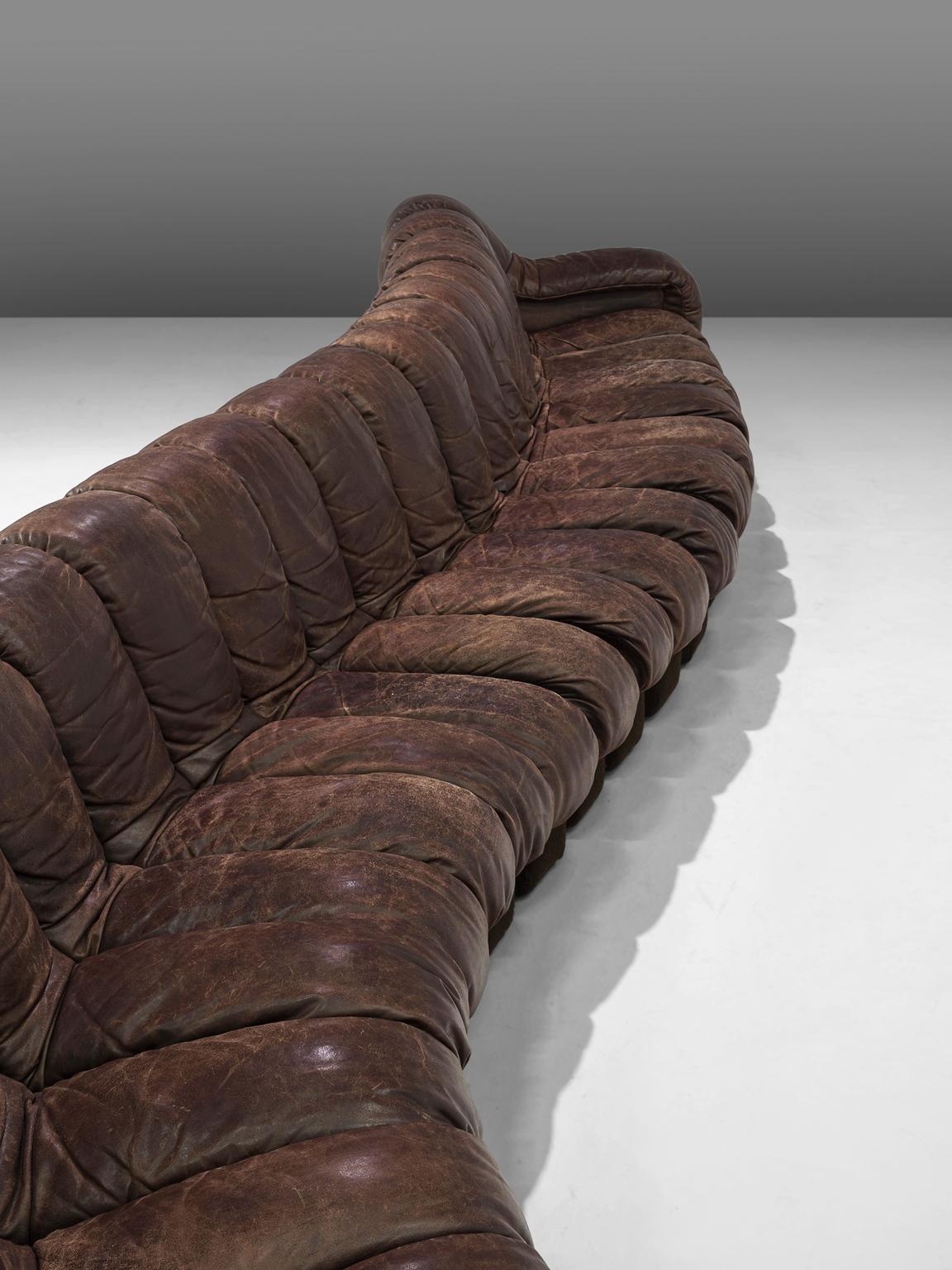Swiss Desirable Patinated De Sede 'Snake' Non Stop Sofa in Dark Brown Leather