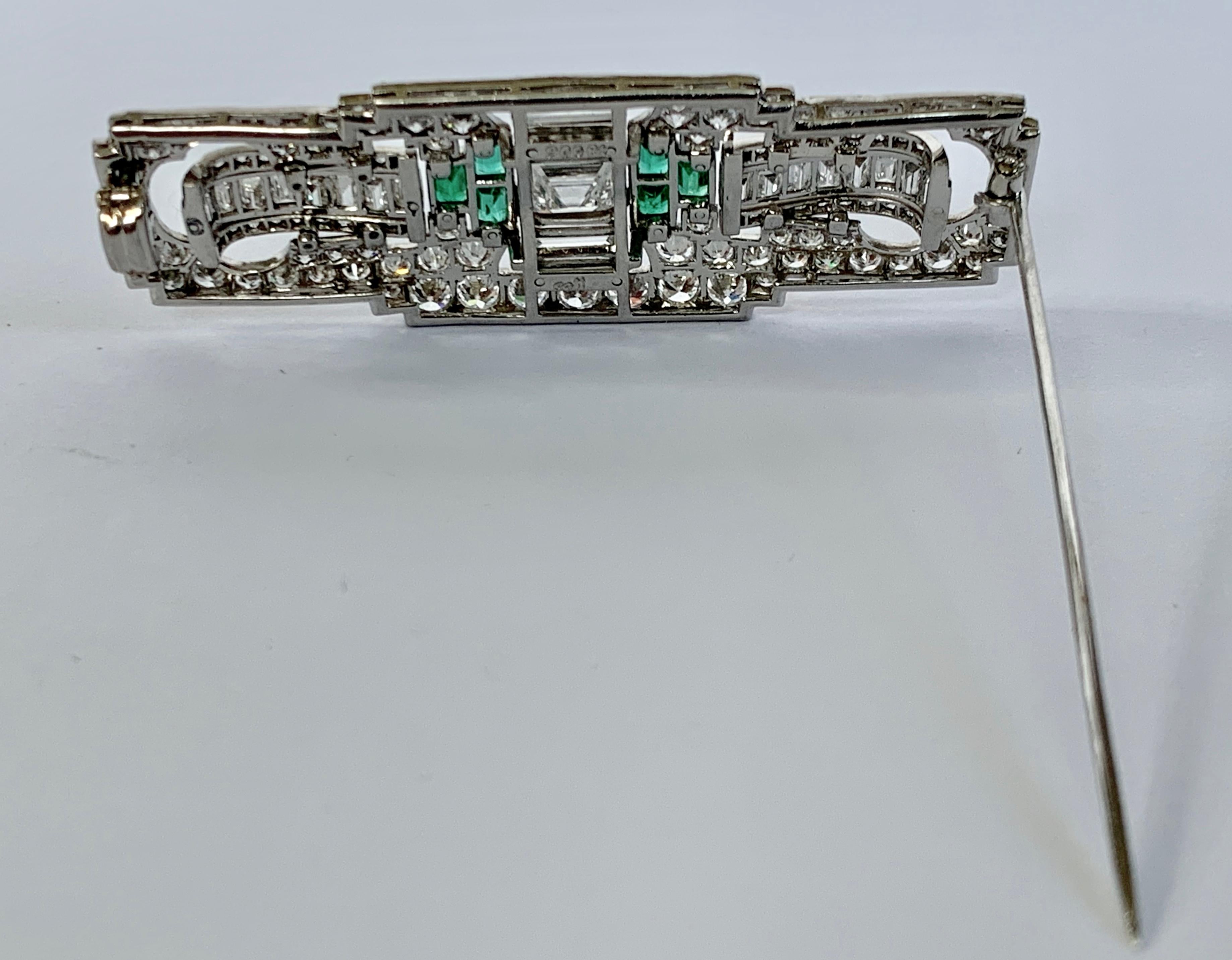 Baguette Cut Desirable Platinum Art Déco Emerald and Diamond Plaque Brooch For Sale