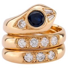 Desirable sapphire diamond 18k yellow gold snake ring