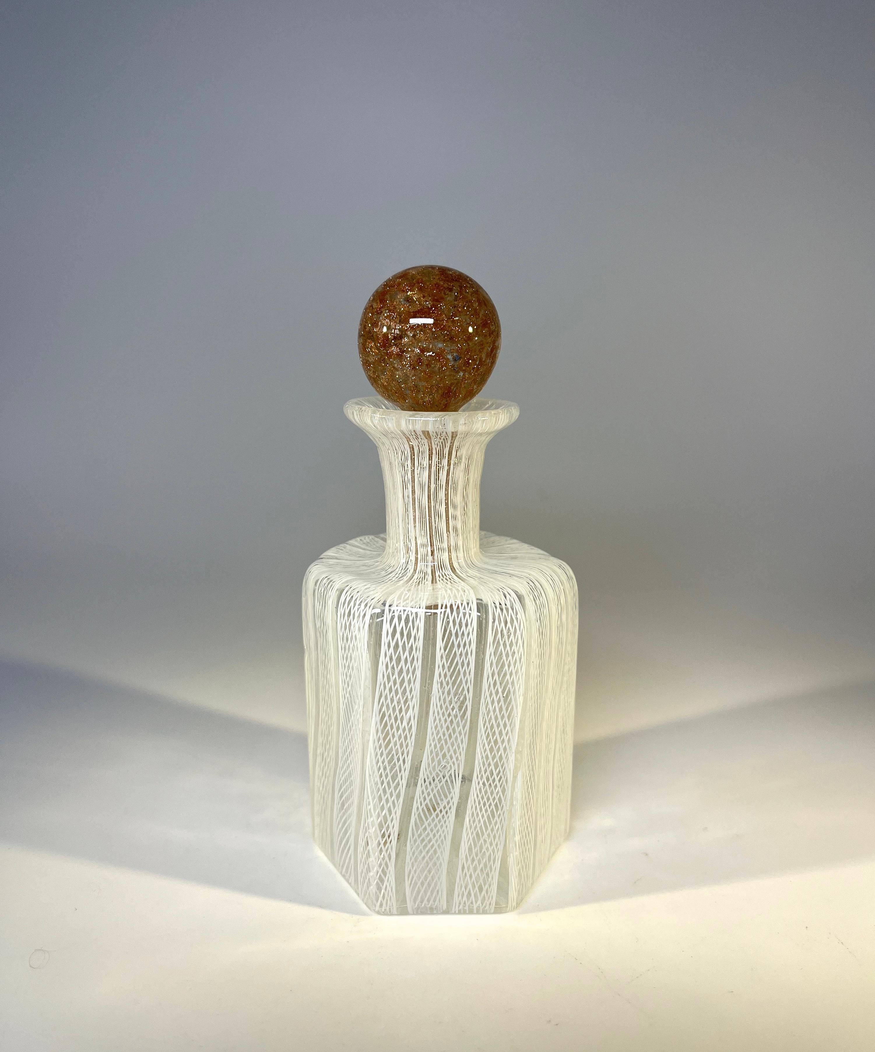 Polished Desirably Shaped Latticino Venetian Glass Perfume Bottle with Aventurine Stopper