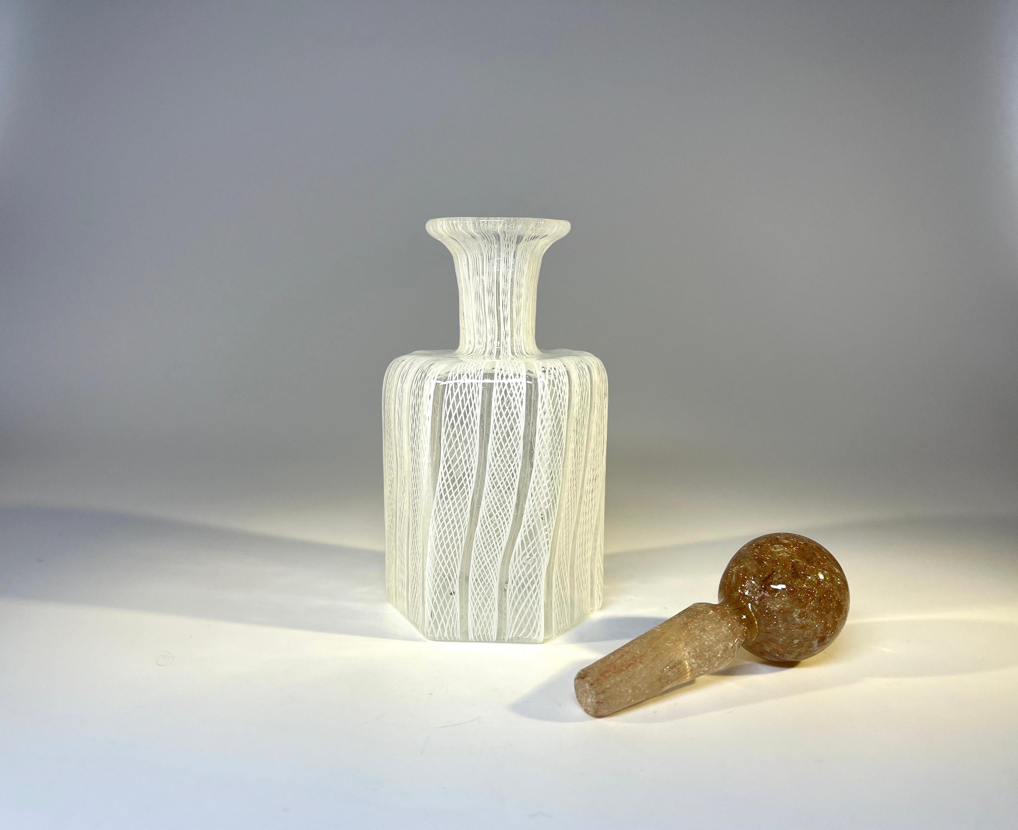 Polished Desirably Shaped Latticino Venetian Glass Perfume Bottle with Aventurine Stopper