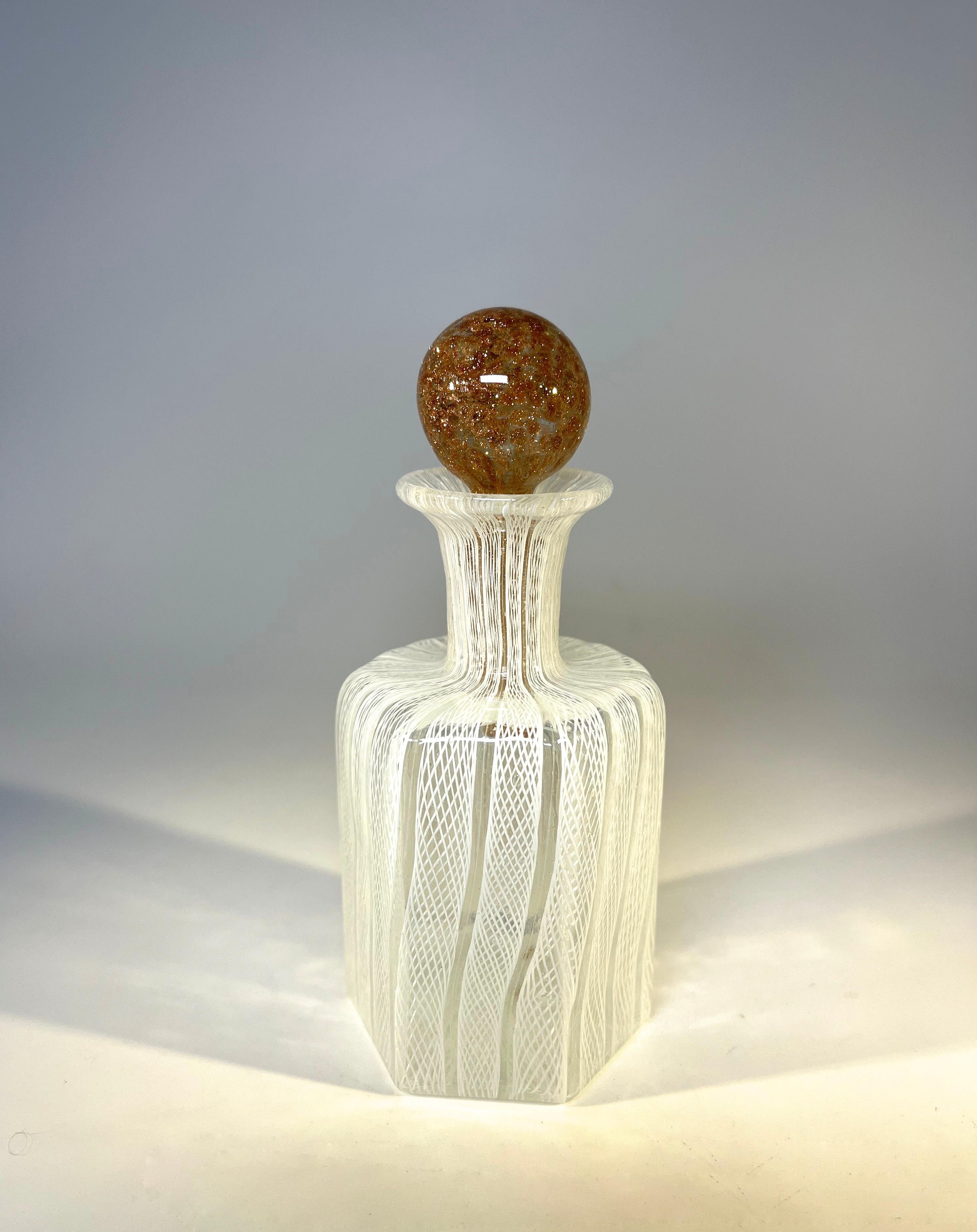 20th Century Desirably Shaped Latticino Venetian Glass Perfume Bottle with Aventurine Stopper