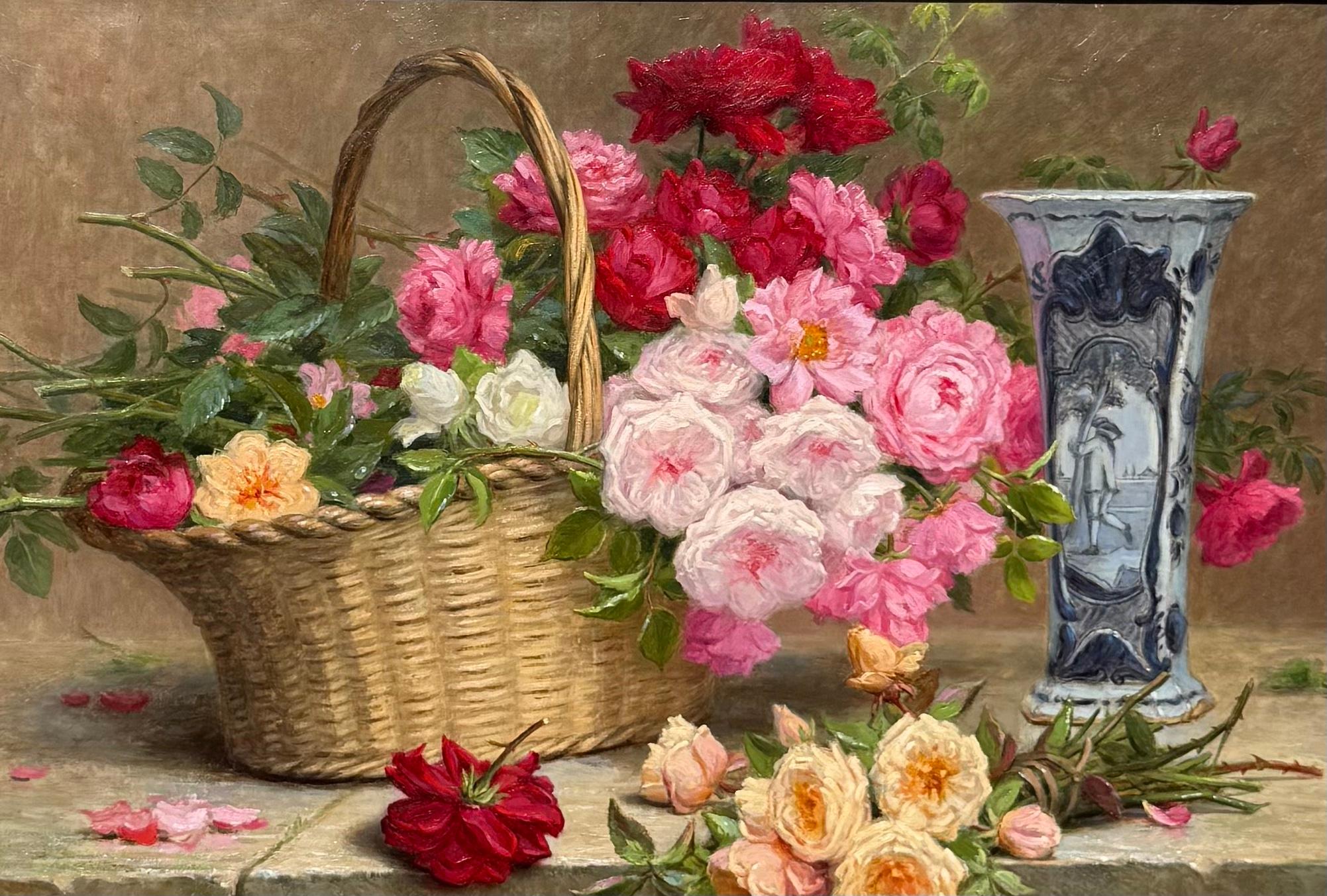 Blumenstillleben und eine blau-weiße Vase – Painting von Desire Alfred Magne