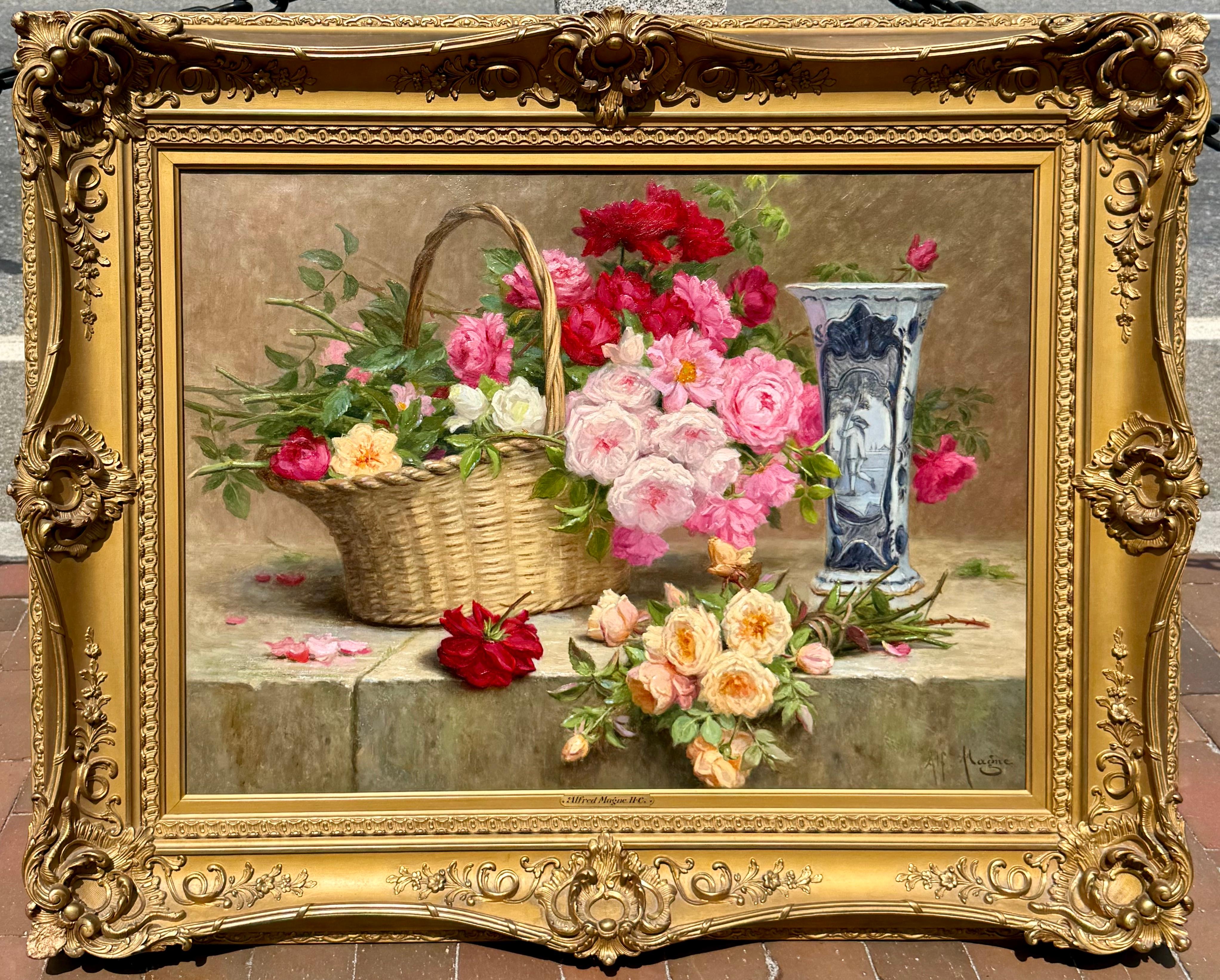 Blumenstillleben und eine blau-weiße Vase (Viktorianisch), Painting, von Desire Alfred Magne