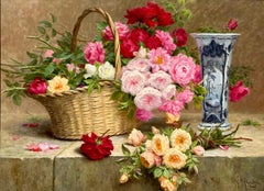 Blumenstillleben und eine blau-weiße Vase