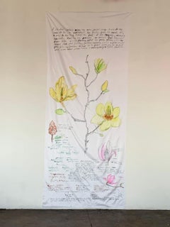 " Large Botanical Drawing", Ink and Gouache Magnolia Flower Painting on Silk