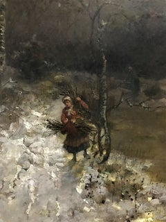 Wintery river landscape with brushwood collector, oil on canvas, 19th Century