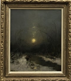 Wintery river landscape with brushwood collector, oil on canvas, 19th Century