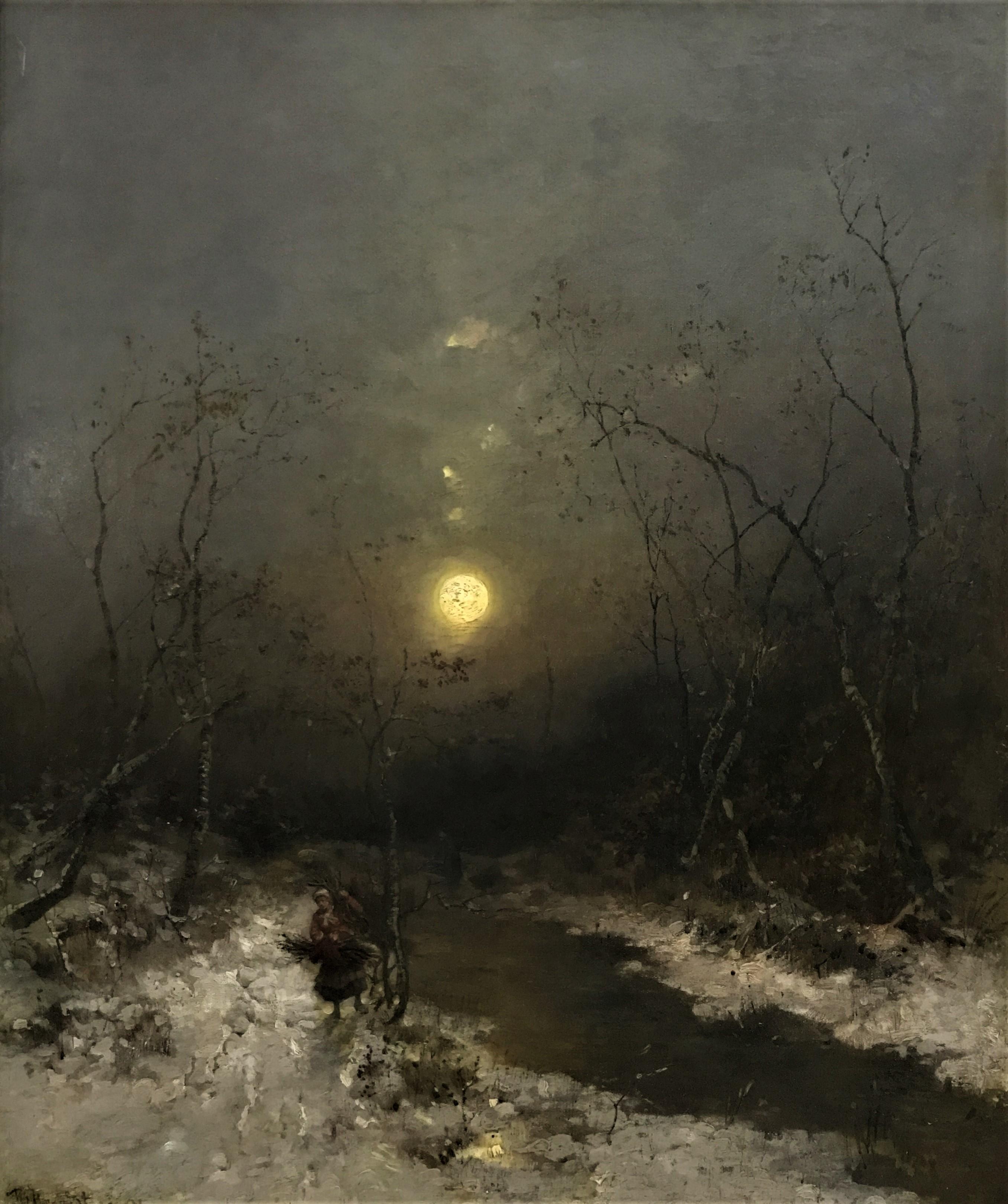 Wintery river landscape with brushwood collector, oil on canvas, 19th Century