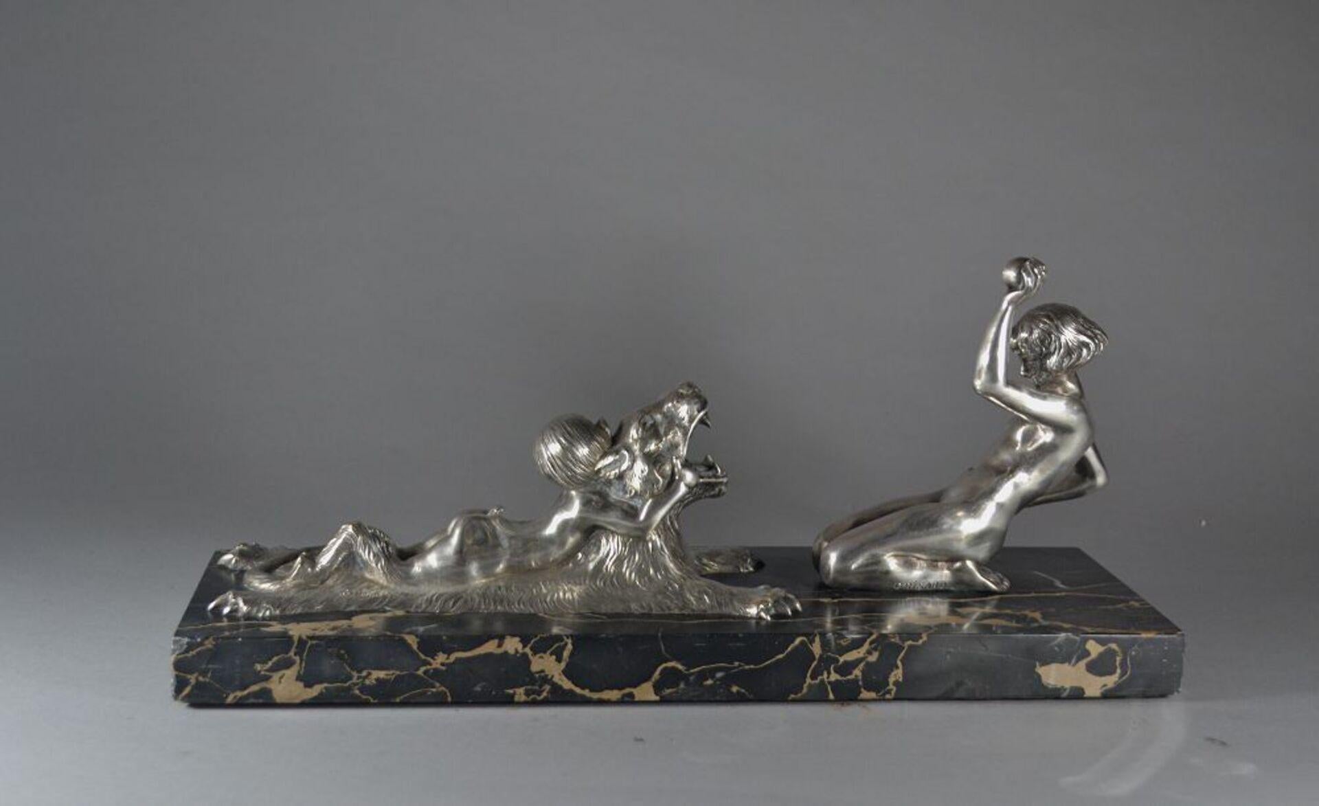 Desiree Grisard Rare Bronze of a Lady Playing with a Faun Art Deco 1