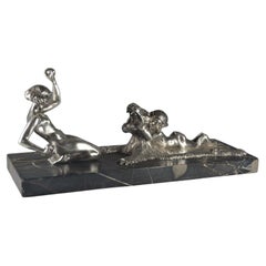 Desiree Grisard Rare Bronze of a Lady Playing with a Faun Art Deco