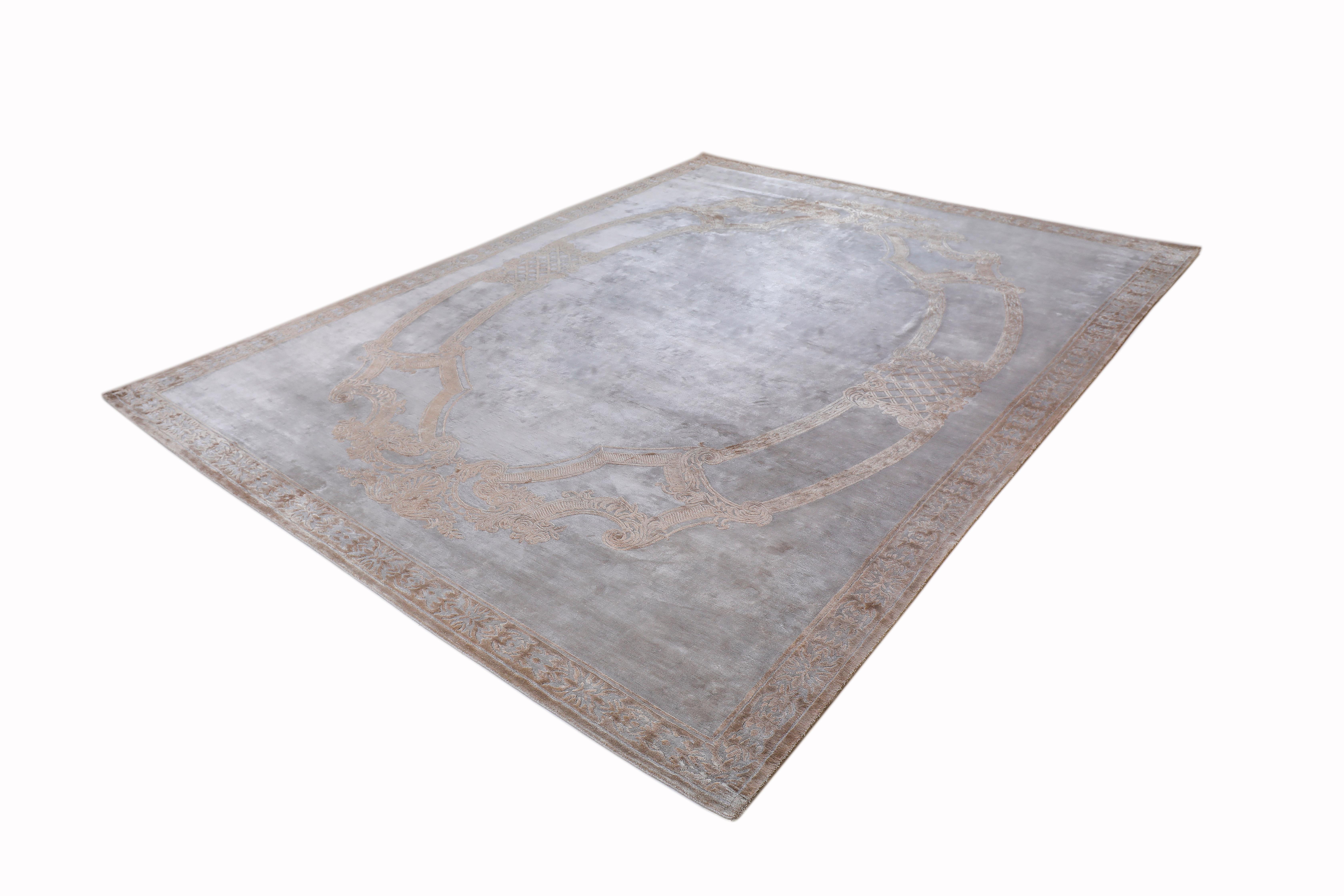 Other DESIREE Hand Knotted Transitional Border Silk Rug, Silver Taupe Colour By Hands For Sale