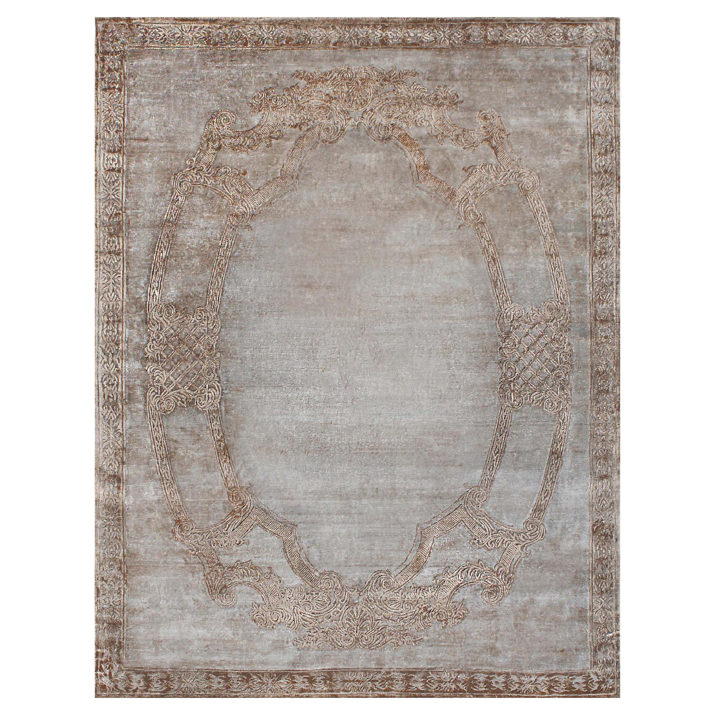 DESIREE Tapis en soie à bordure transitionnelle nouée à la main, couleur taupe argenté, fait main