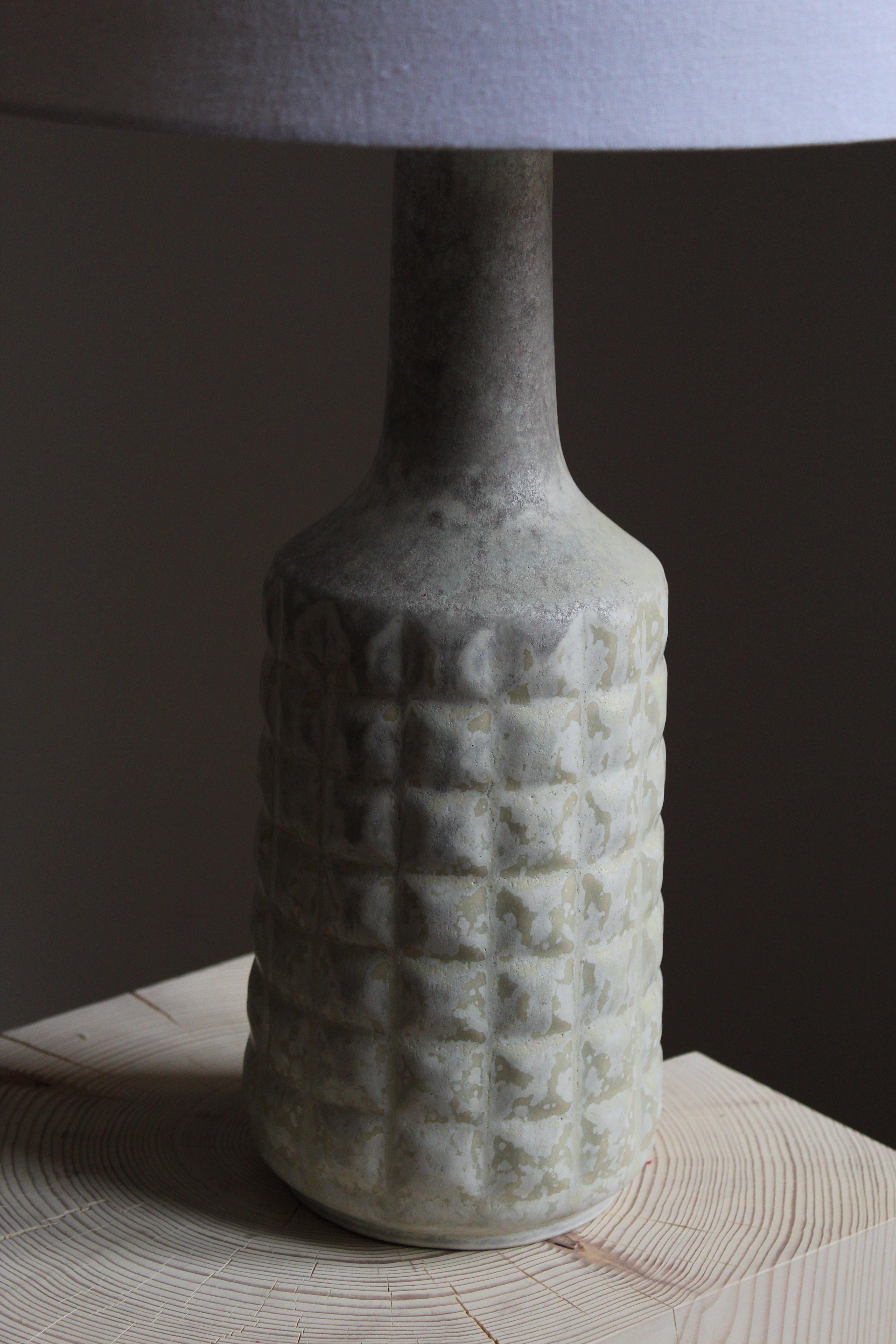 Mid-Century Modern Desiree Stentøj, Table Lamp, Glazed Light Grey Stoneware, Fabric, Denmark 1960s 