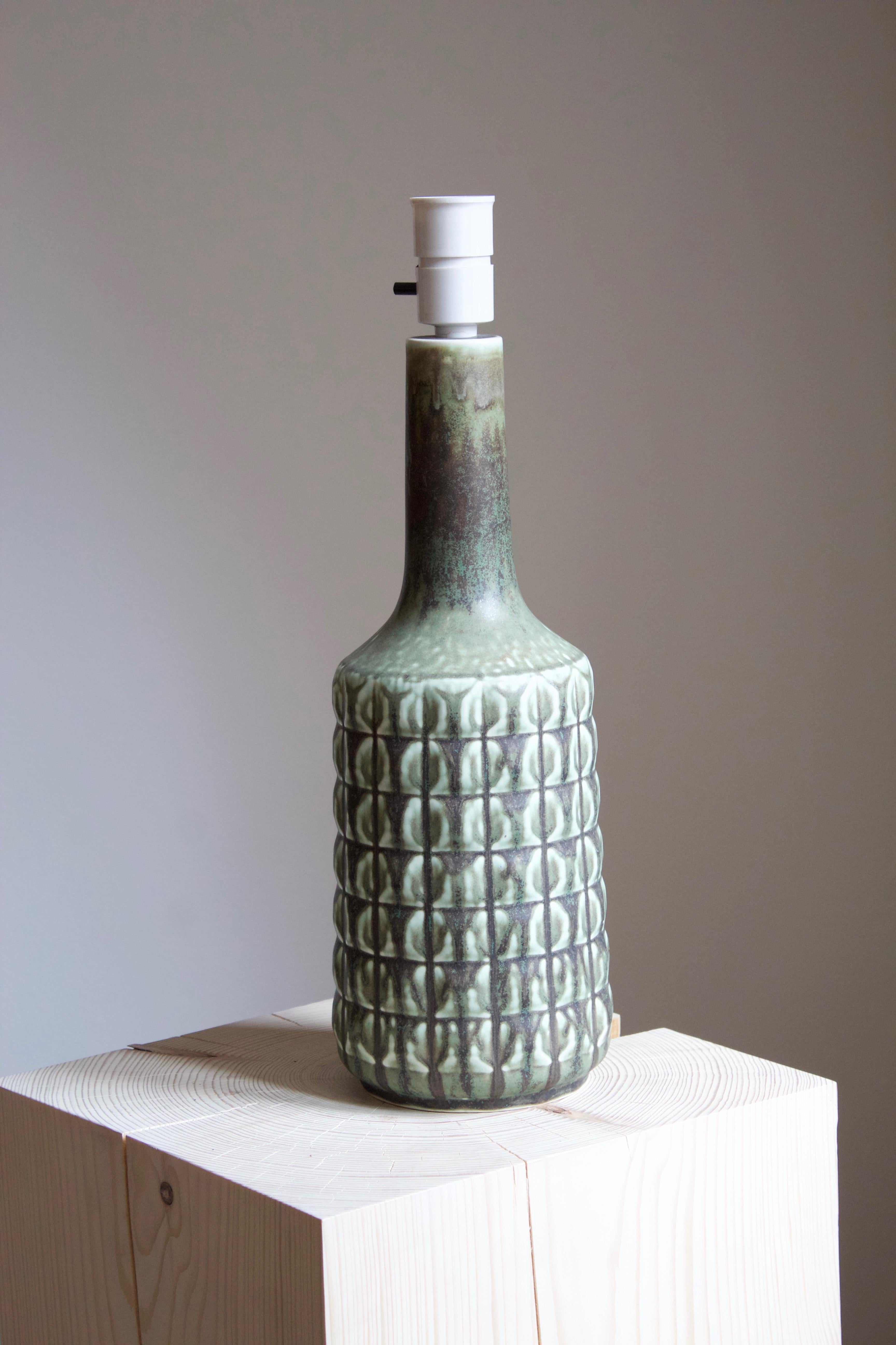 Danish Desiree Stentøj, Table Lamp, Green Glazed Stoneware, Denmark, 1960s