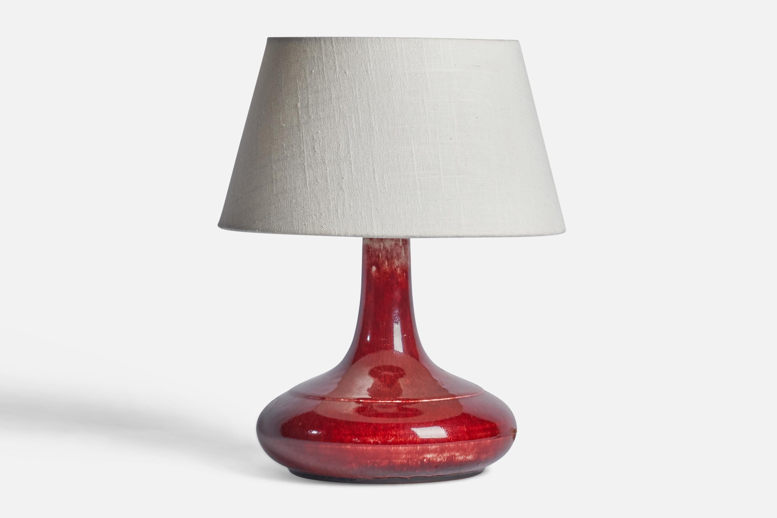 A red-glazed stoneware table lamp designed and produced by Desiree, Denmark, 1960s.

Dimensions of Lamp (inches): 9.5” H x 7.75” Diameter
Dimensions of Shade (inches): 7” Top Diameter x 10” Bottom Diameter x 5.5” H
Dimensions of Lamp with Shade