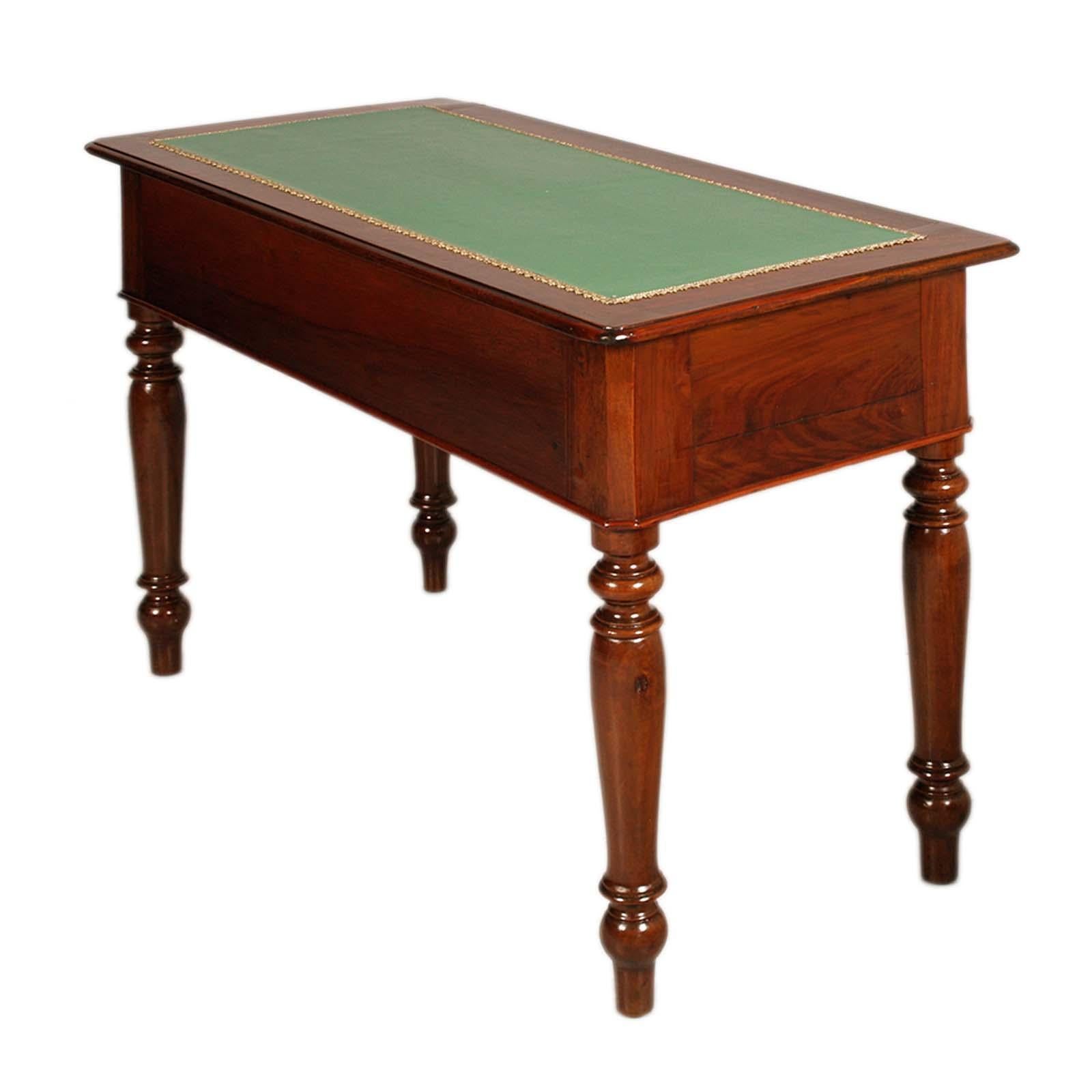 Desk 19th Century Italy Walnut Drawers Louis Philippe Green Leather Top Restored For Sale 1