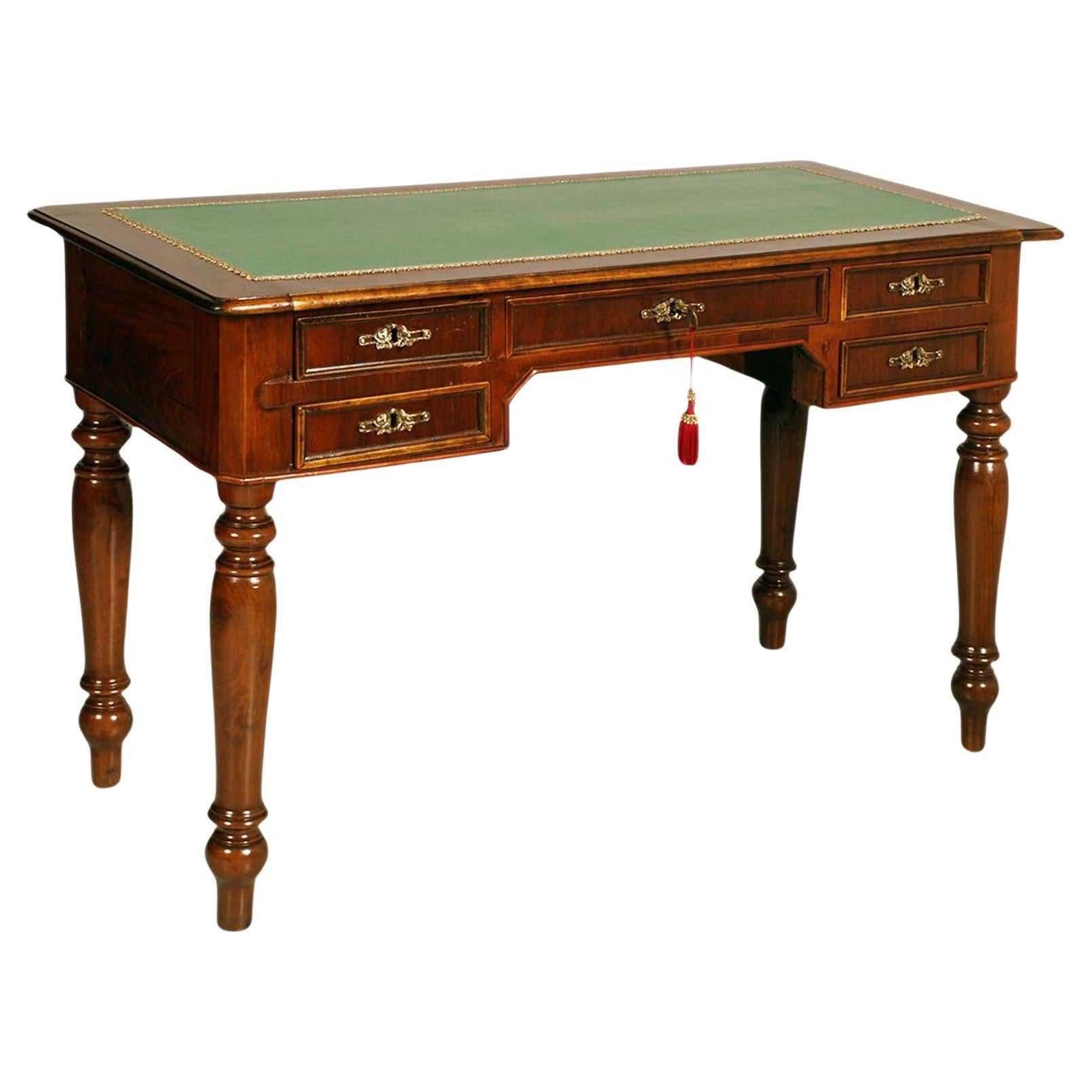 Desk 19th Century Italy Walnut Drawers Louis Philippe Green Leather Top Restored For Sale