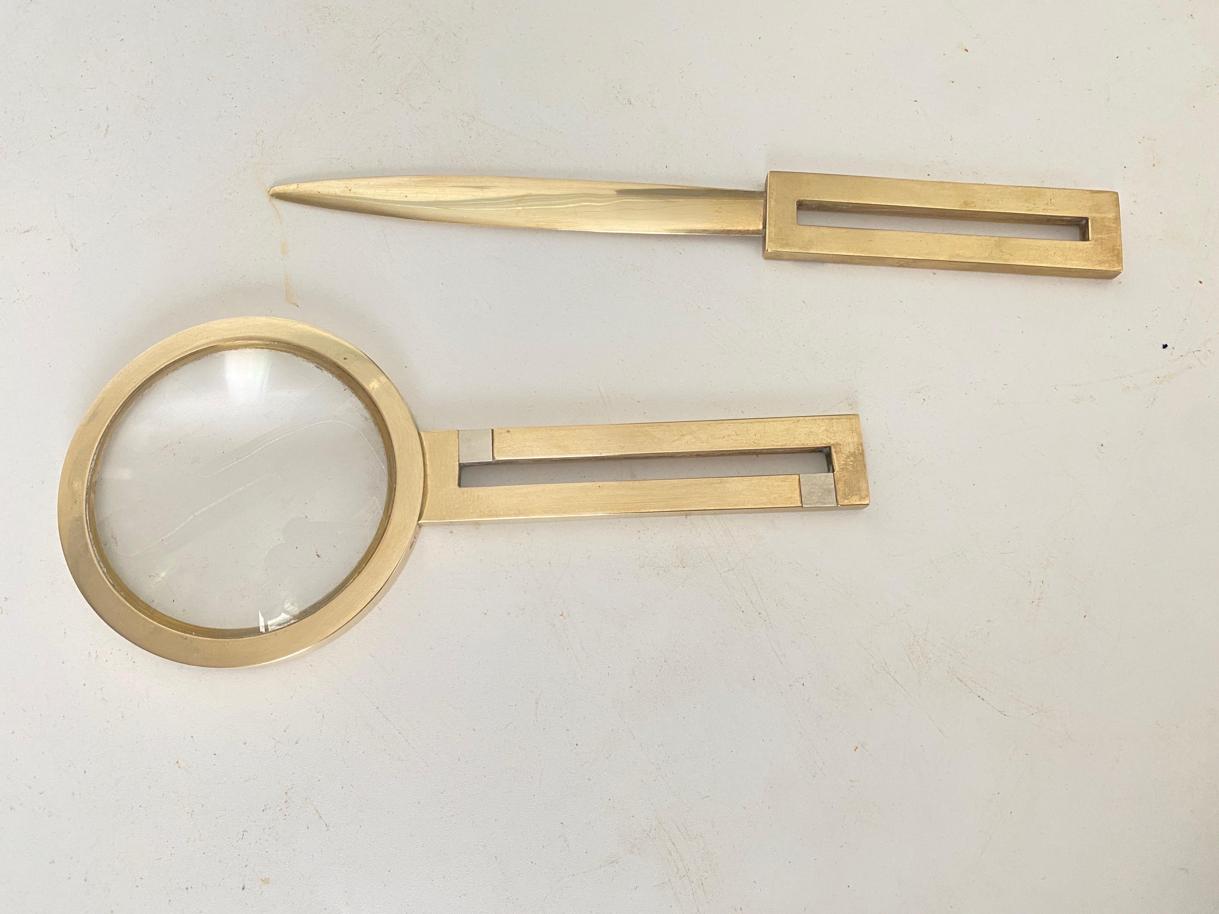 Brass Desk Accessories Magnifying Glass and Letter Opener Desk Set with 1970 For Sale