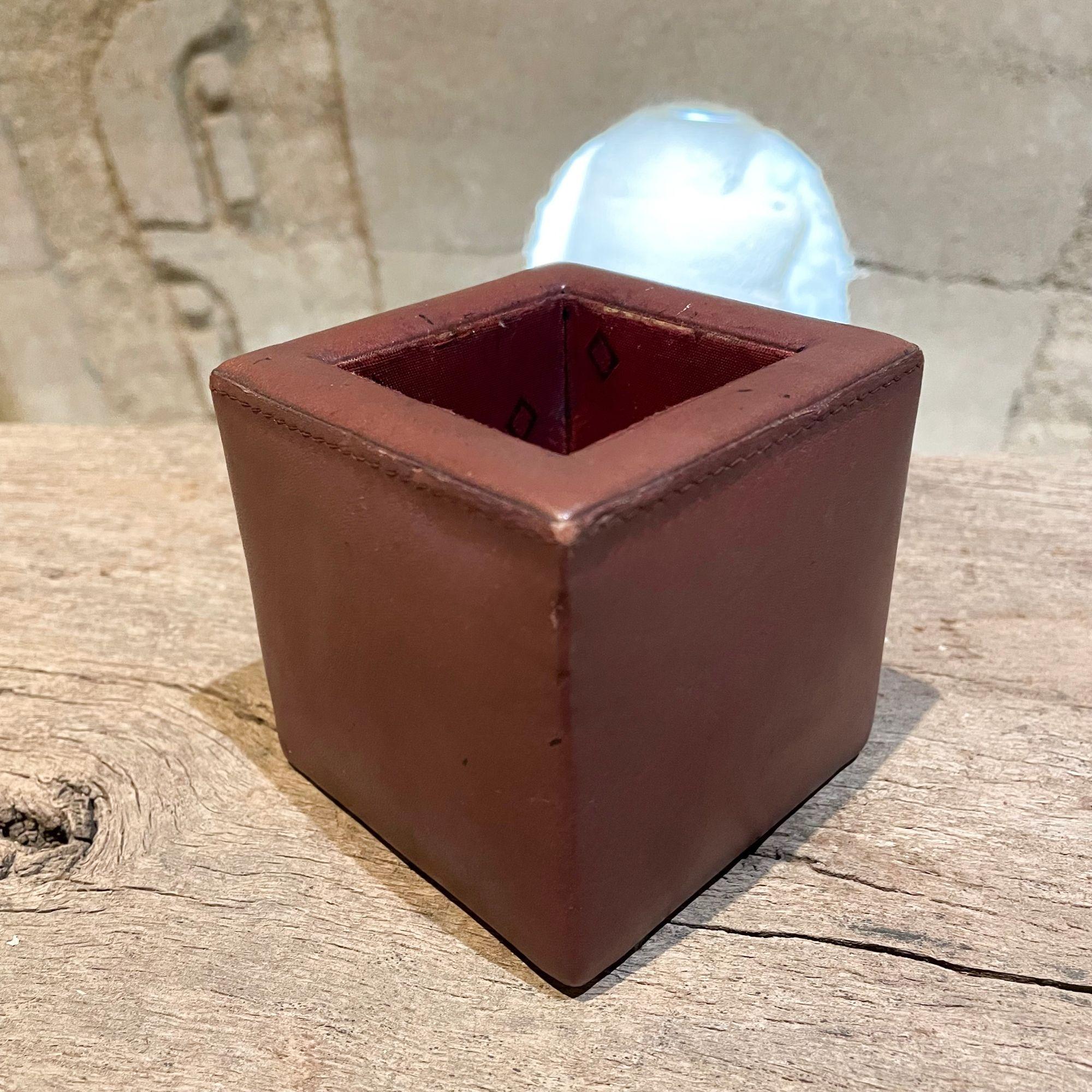 Desk Accessory Vintage Miscellaneous Pen Holder Leather Wrapped Open Cube 1970s In Fair Condition In Chula Vista, CA