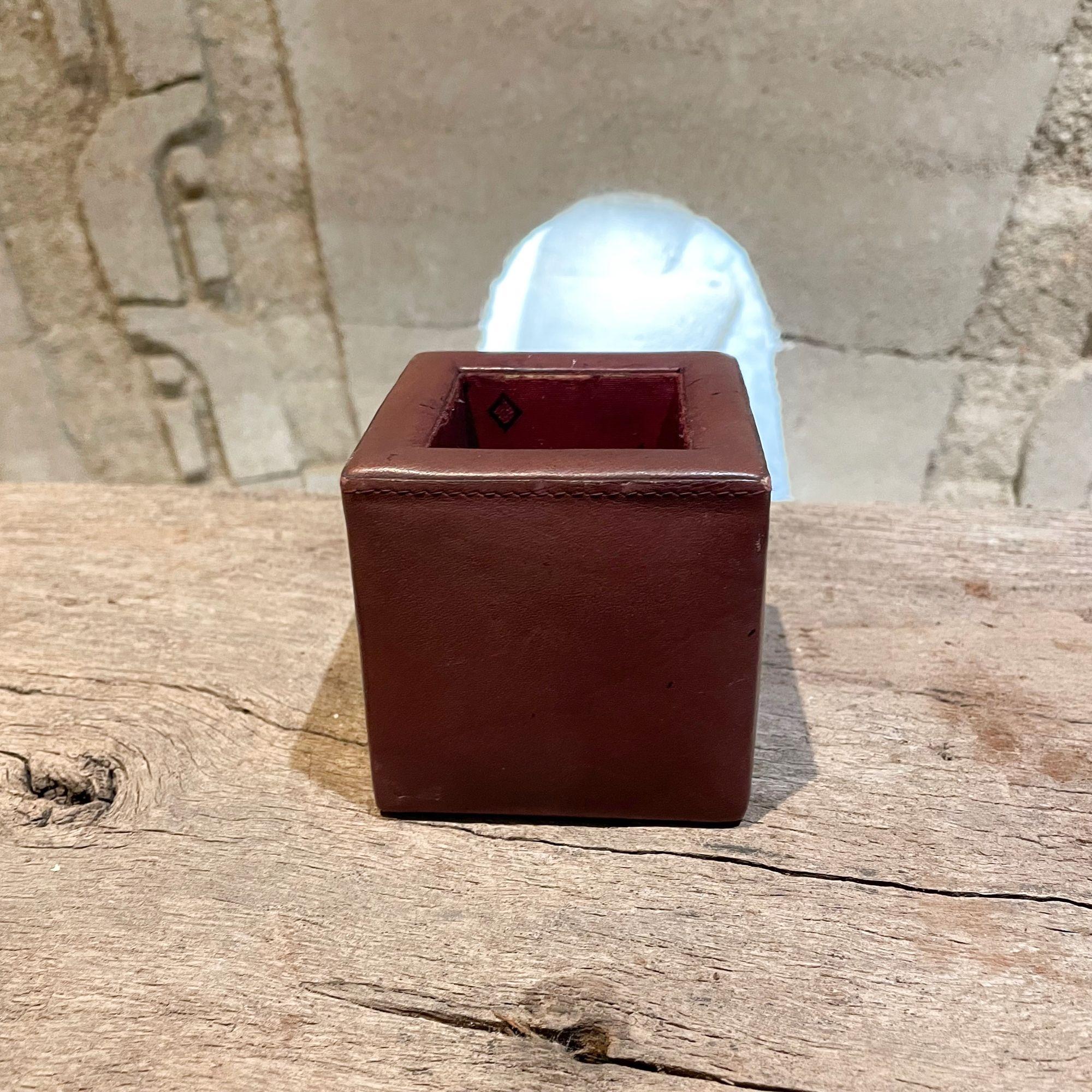 Late 20th Century Desk Accessory Vintage Miscellaneous Pen Holder Leather Wrapped Open Cube 1970s
