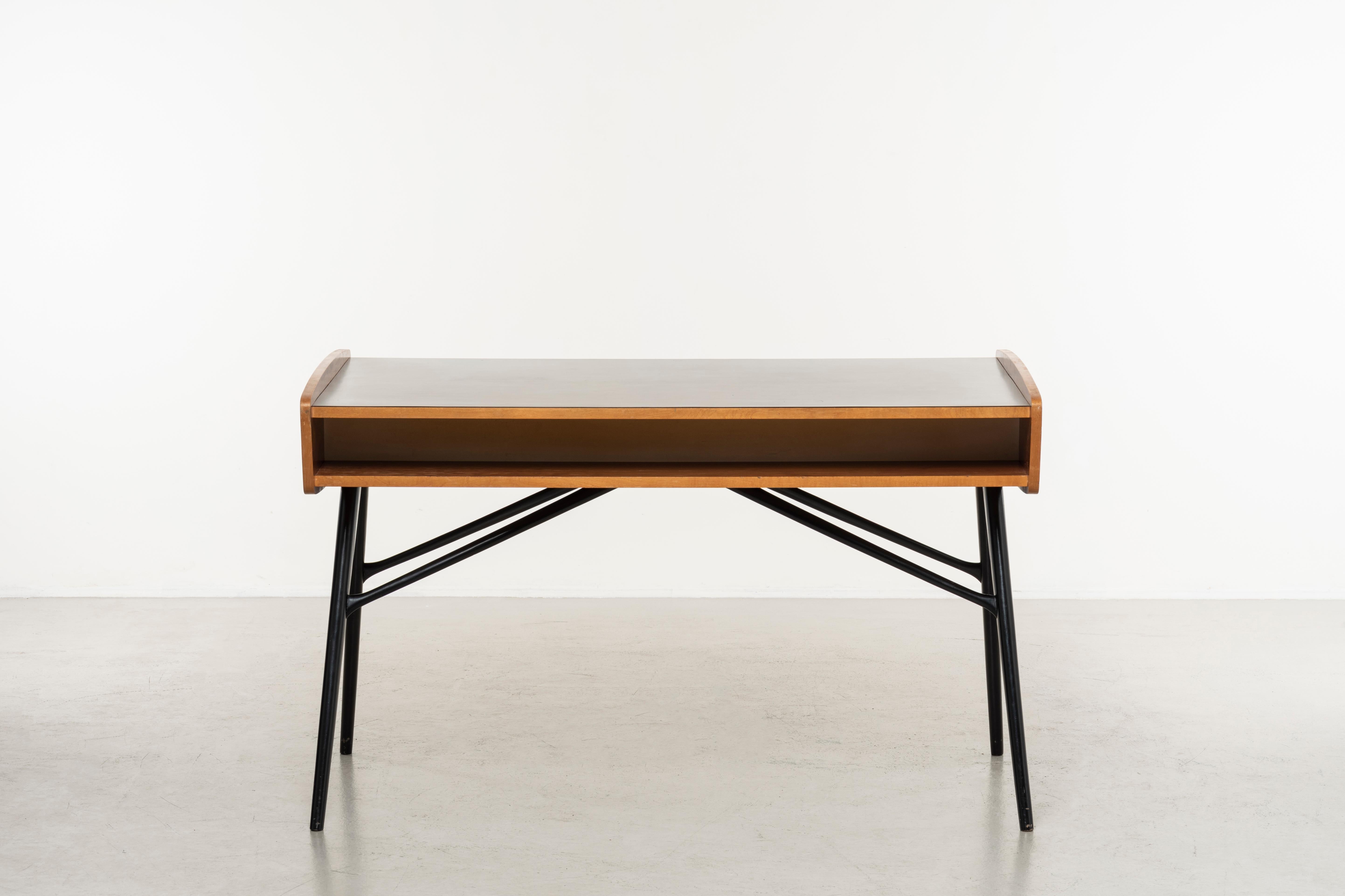 Desk and chair by Alfred Hendrickx
Belgium, 1958
Desk: teak lacquered wood
Chair: lacquered wooden structure, fabric upholstery

desk: 124 x 77.5 x h 76.5 cm  48.8 x 30.5 x h 30.1 in
chair: 60 x 60 x h 86 cm - h seat 40 cm  23.6 x 23.6 x h 33.8 in -