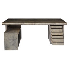 Desk and Low Cabinet by Aldo Tura in Lacquered Green Goatskin, Italy, circa 1960