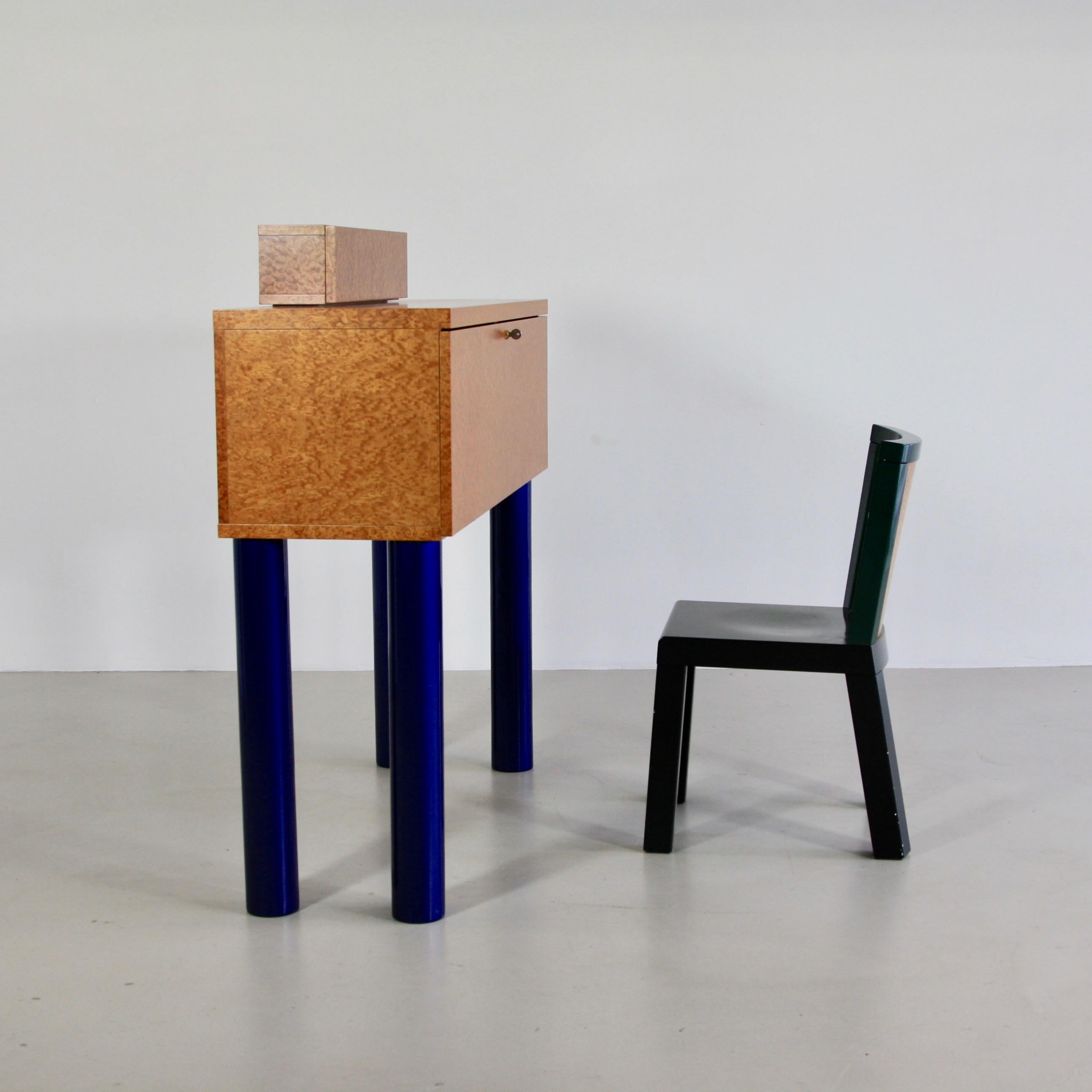 The writing desk and the matching desk chair, designed by Ettore Sottsass and Marco Zanini in 1986. The collection was labelled 'DONAU', produced by Franz Leitner in very small numbers. Produced in Milano, Franz Leitner, 1986. Rare.

Literature: